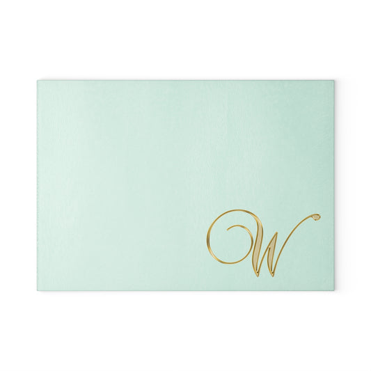 Monogram Glass Cutting Board - Elegant Mint with Gold Script "W"