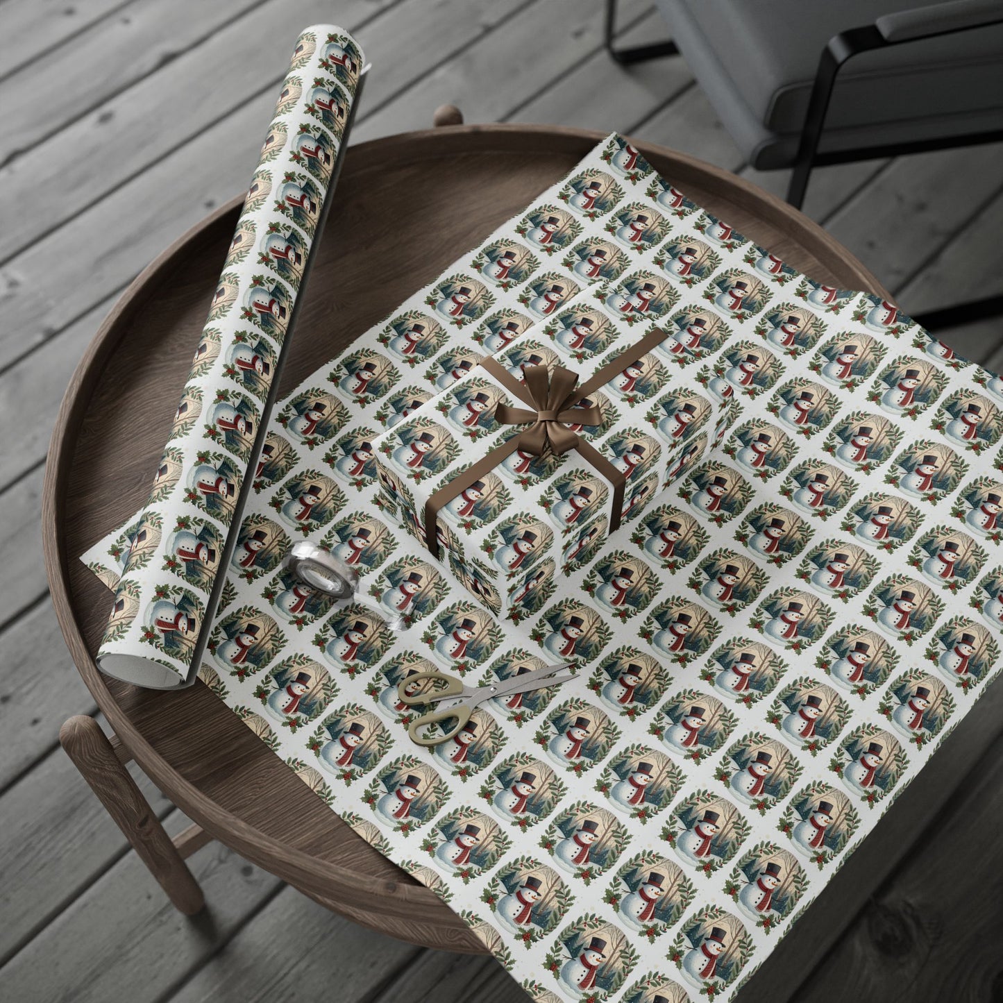 Snowman Wreath Christmas Wrapping Paper Roll — Festive Holiday Gift Wrap