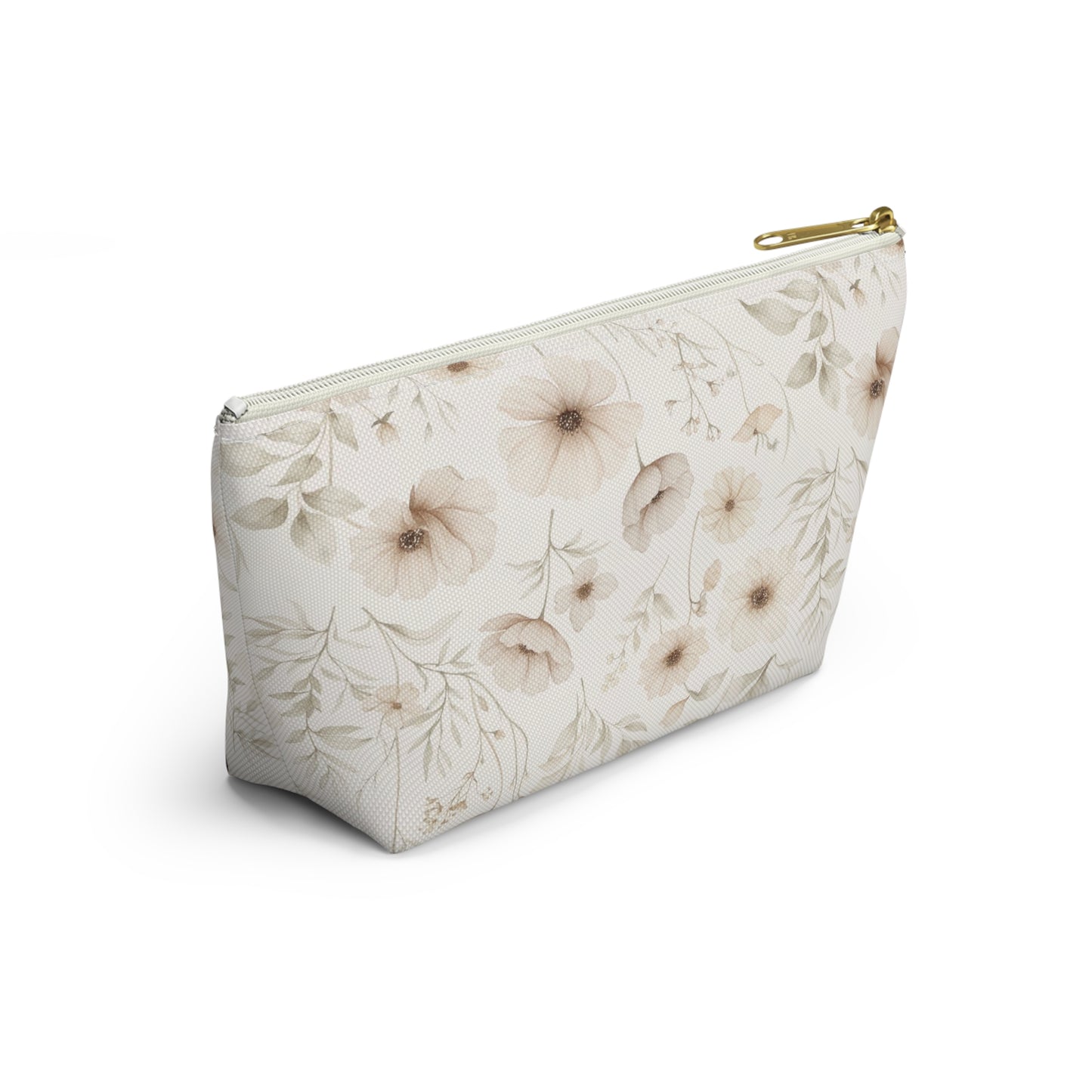 Floral Toile Accessory Pouch — Neutral Vintage Flower Cosmetic Bag