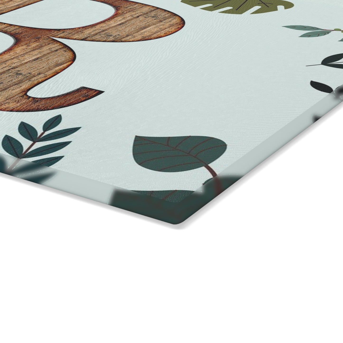 Monogram 'R' Glass Cutting Board — Rustic Wood Letter on Botanical Background