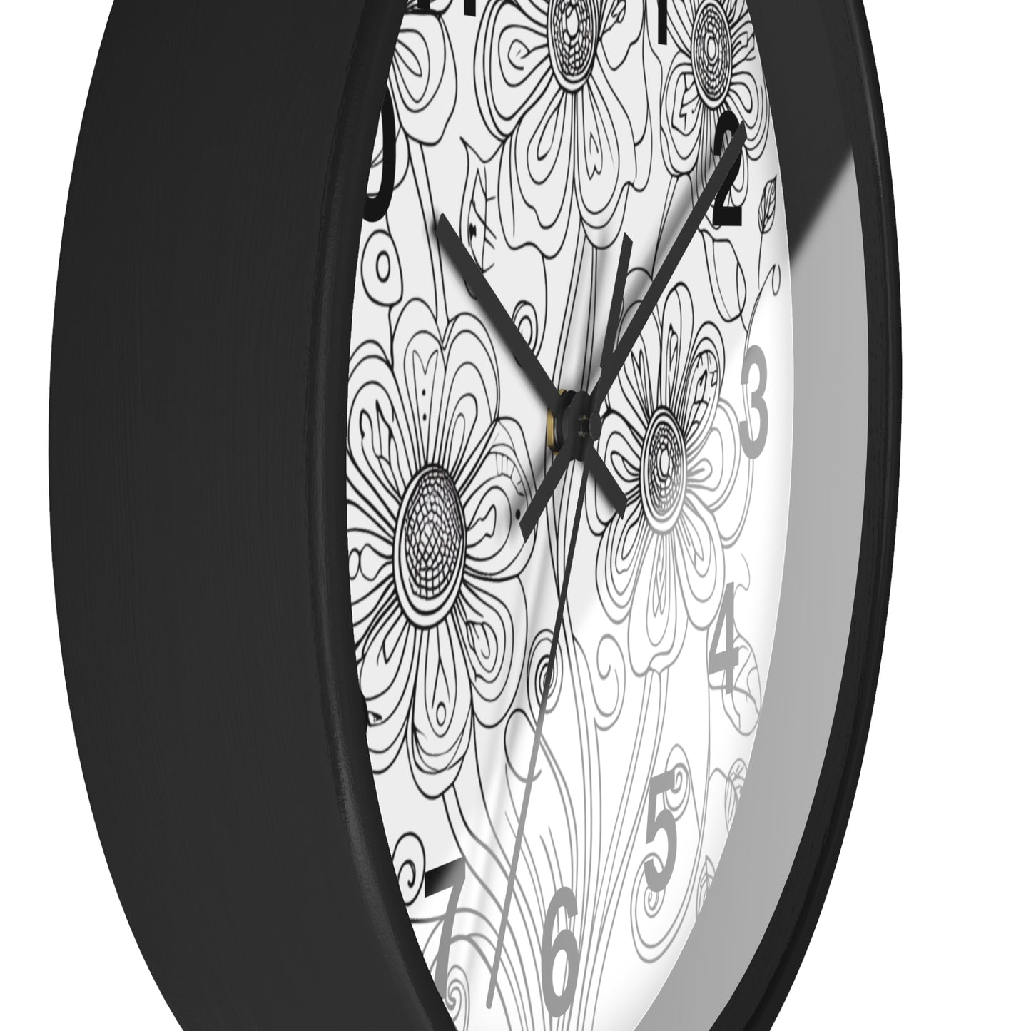 Floral Doodle Wall Clock — Black & White Hand-Drawn Flower Timepiece