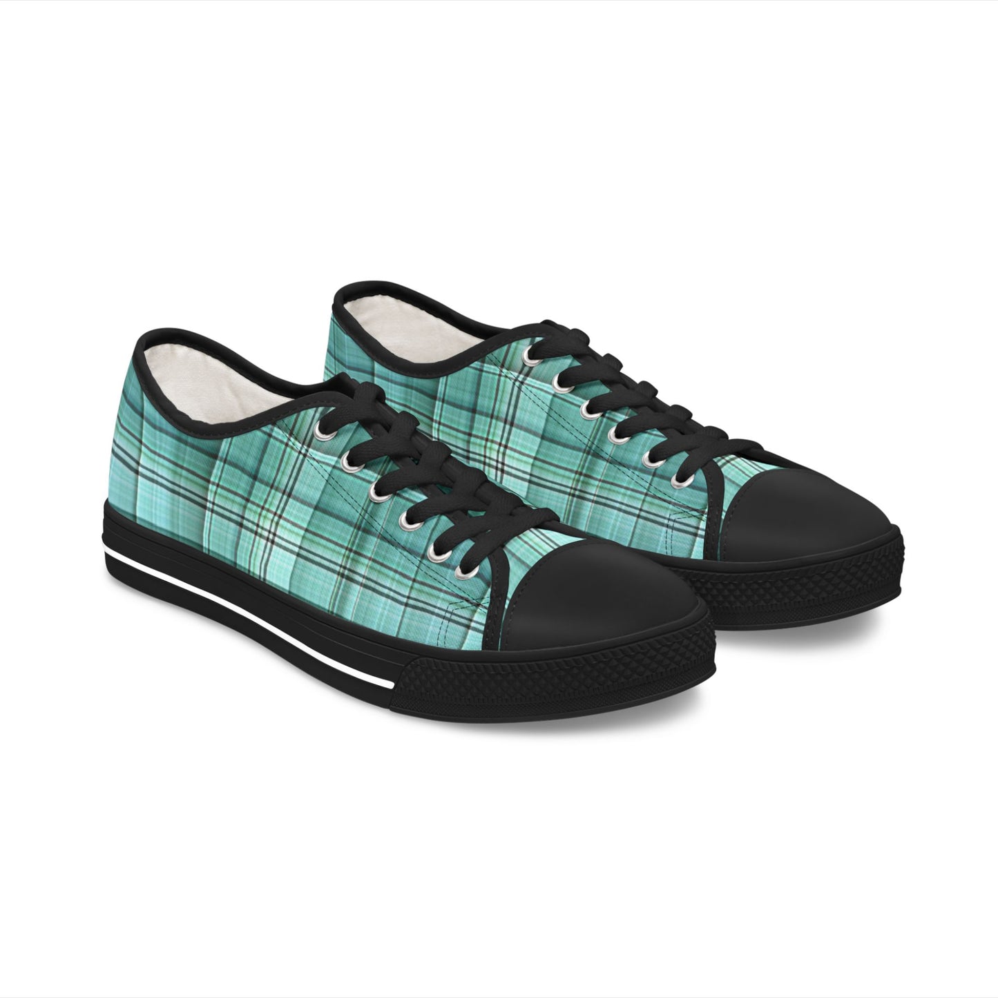Teal Plaid Women's Low Top Sneakers — Casual Retro Style for Everyday Wear