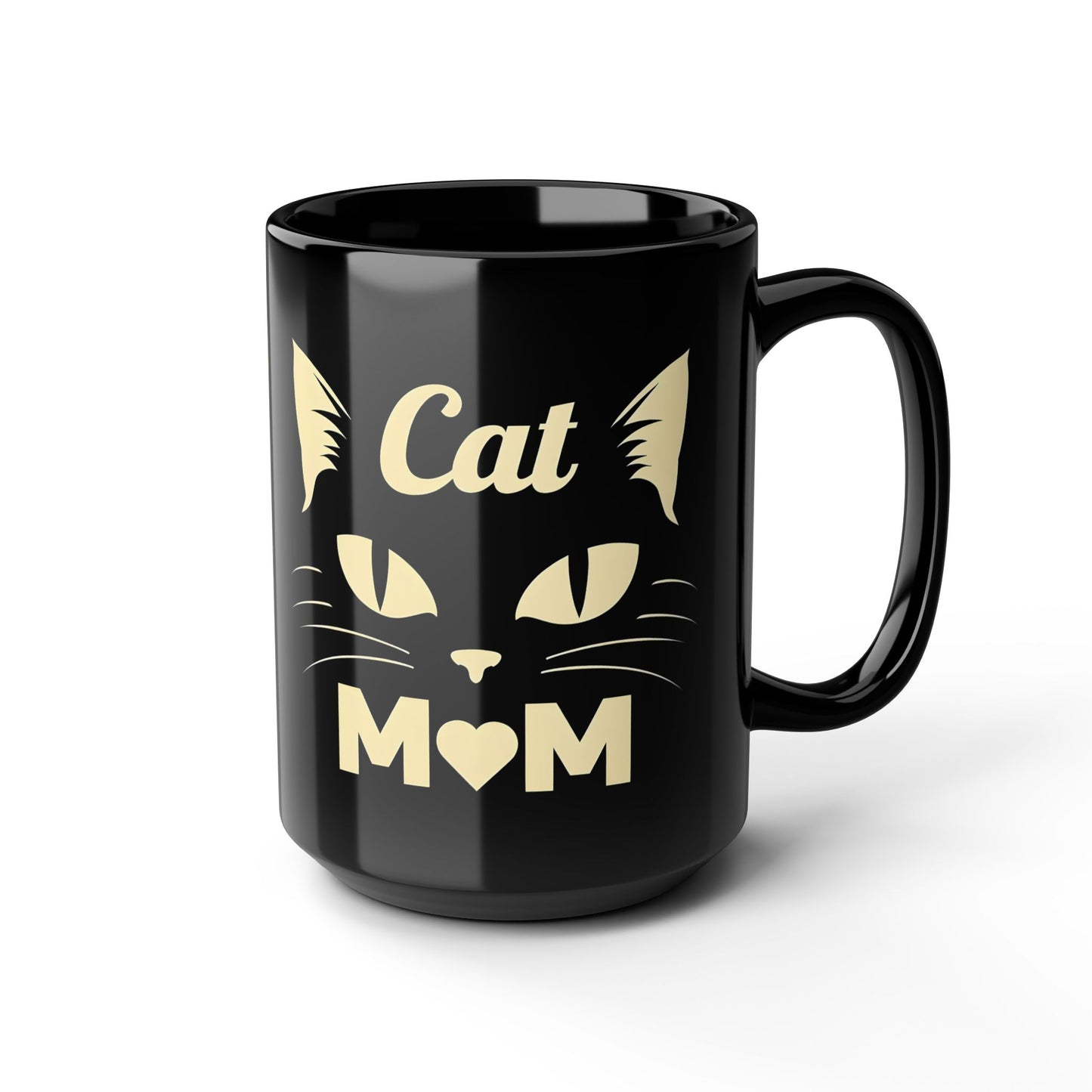 Cat Mom 15oz Black Mug — Cute Cat Face Coffee Cup for Cat Lovers