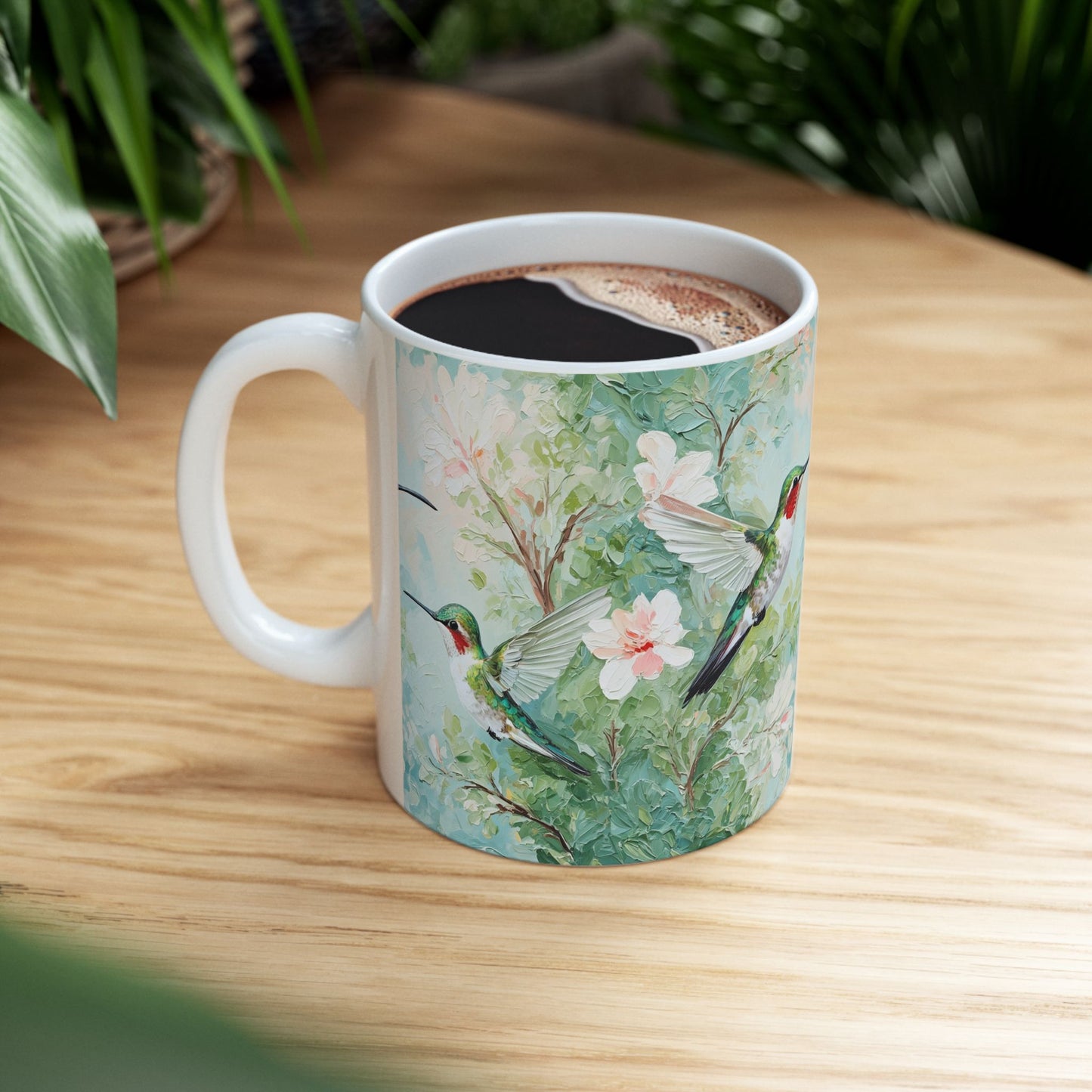 Hummingbird Floral Ceramic Mug — Watercolor Birds Coffee Cup (11oz & 15oz)