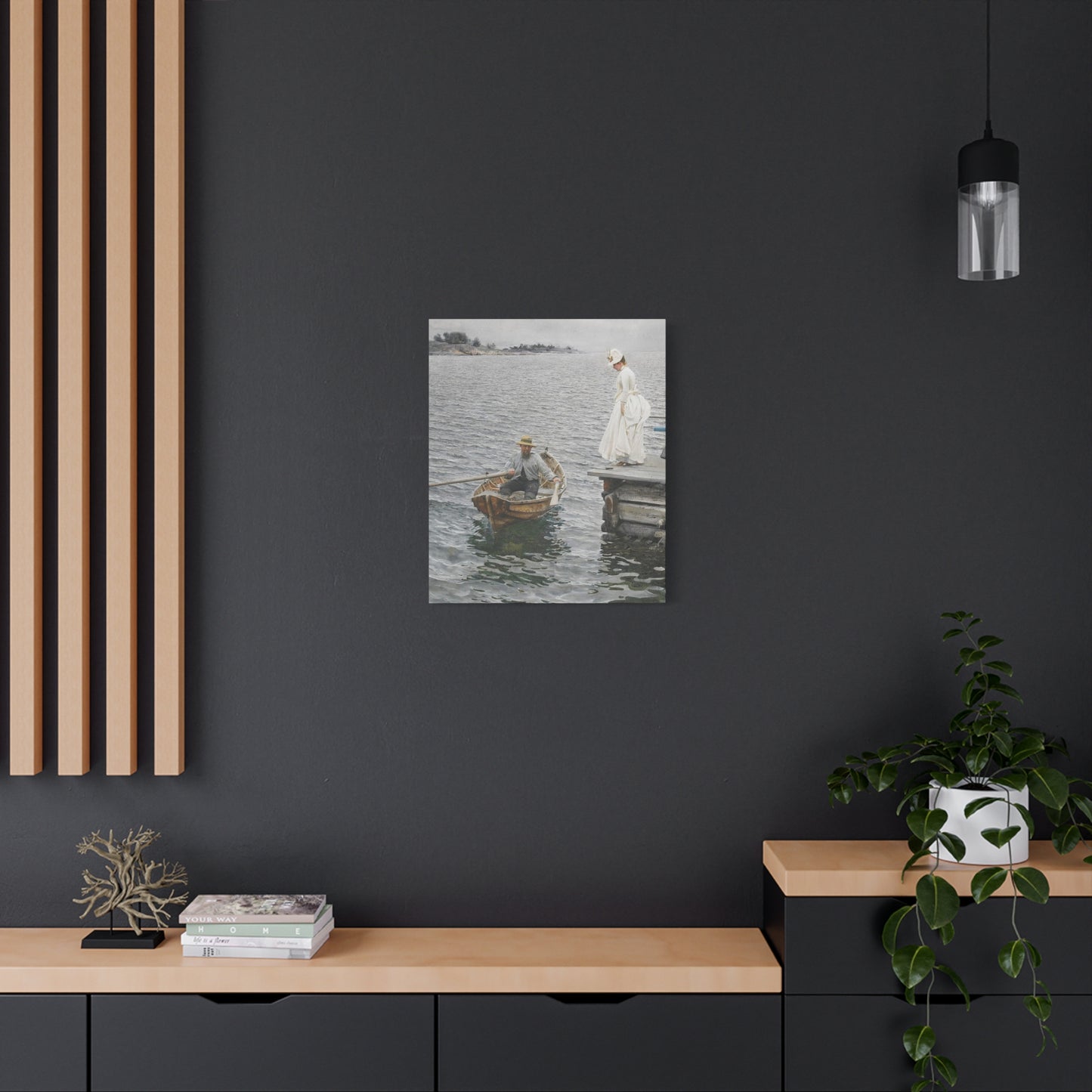 Seaside Stroll Canvas Print — Vintage Woman & Rowboat Matte Stretched Art 1.25"