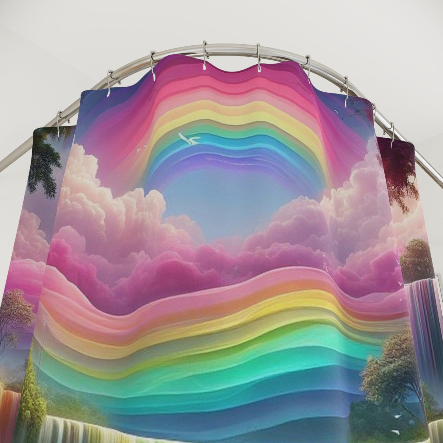 Rainbow Waterfall Shower Curtain — Dreamy Pastel Bathroom Decor