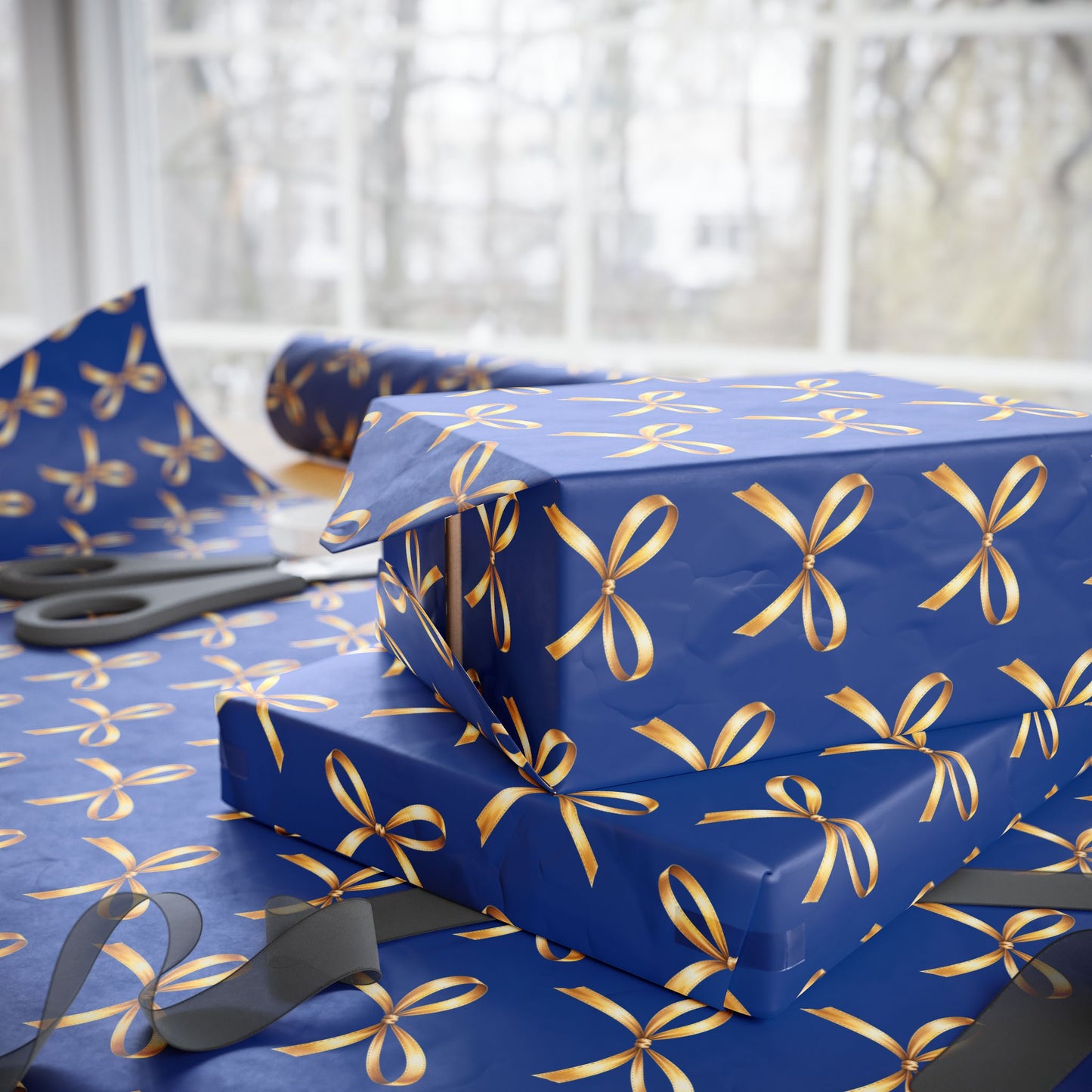 Wrapping Paper — Blue Gift Wrap with Gold Ribbon Pattern