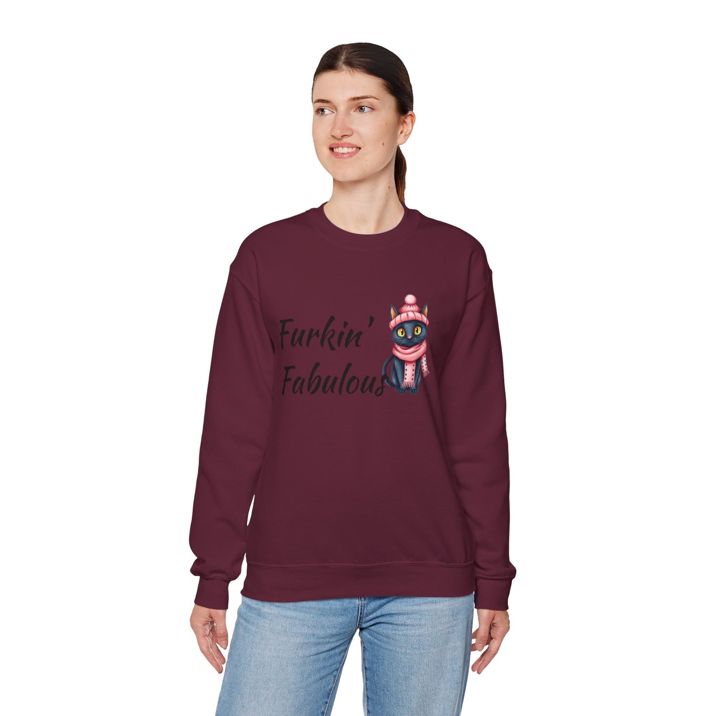 Crewneck Sweatshirt — "Furkin' Fabulous" Cute Black Cat in Pink Hat & Scarf