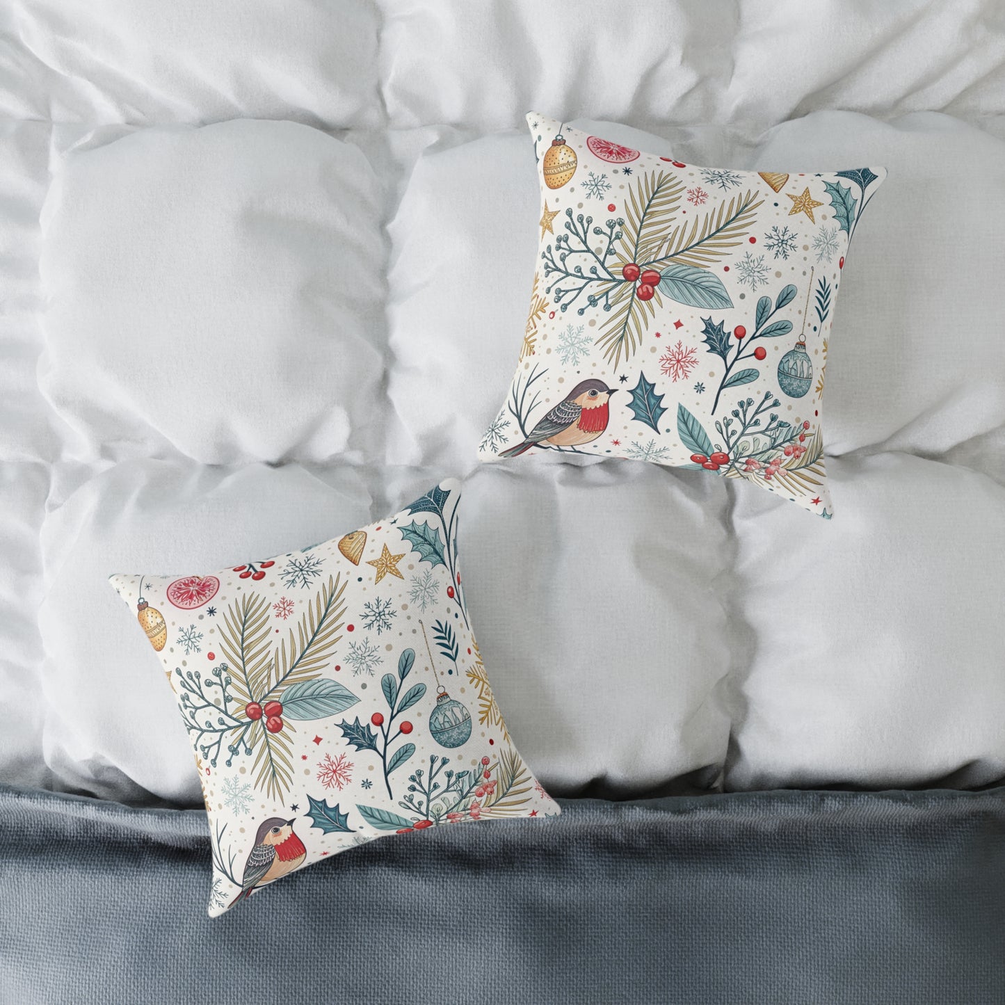 Festive Robin Holiday Pillow — Christmas Botanical Decorative Throw Pillow