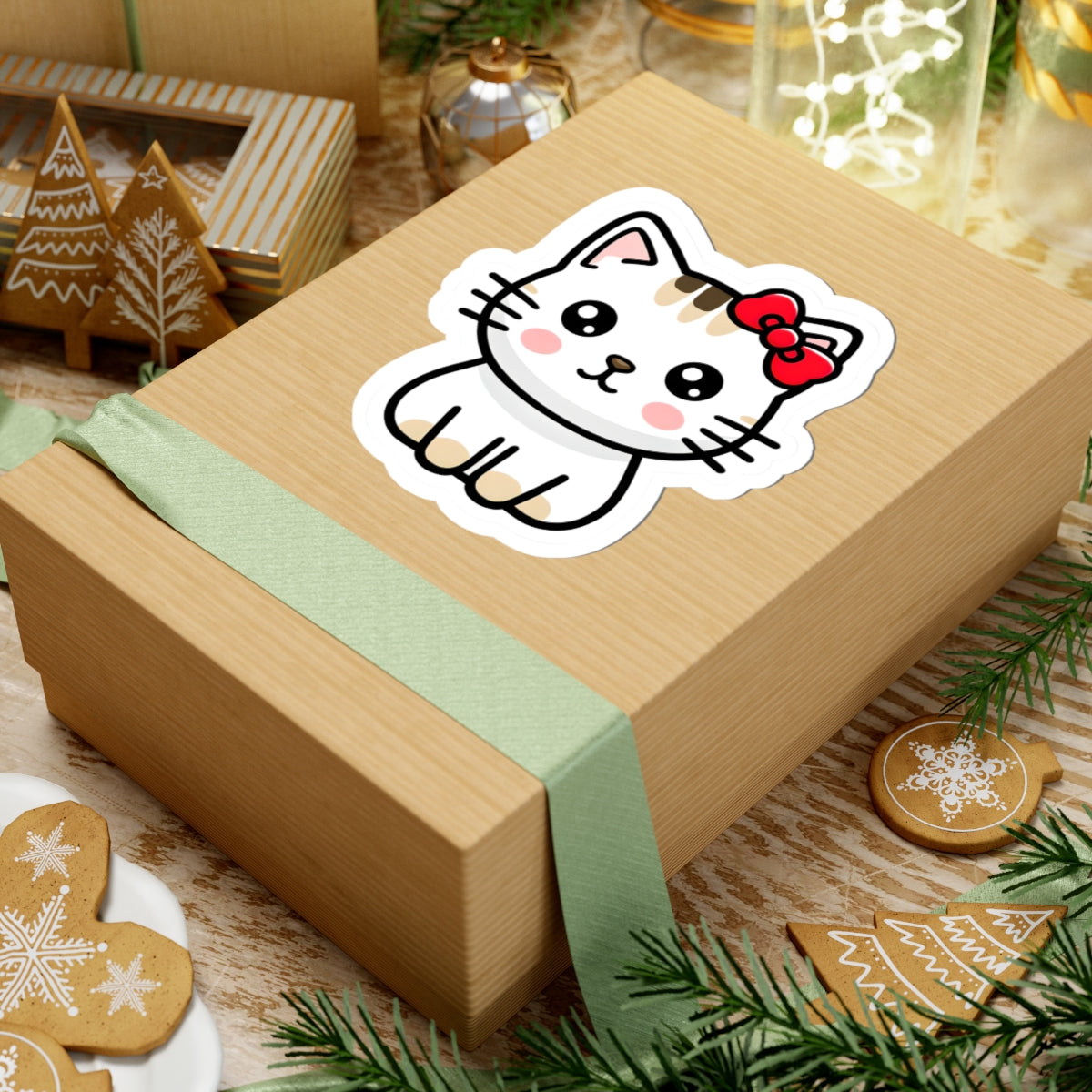 Cute Kawaii Cat Sticker — Adorable Bow Kitten Kiss-Cut Vinyl Decal for Laptops & Water Bottles