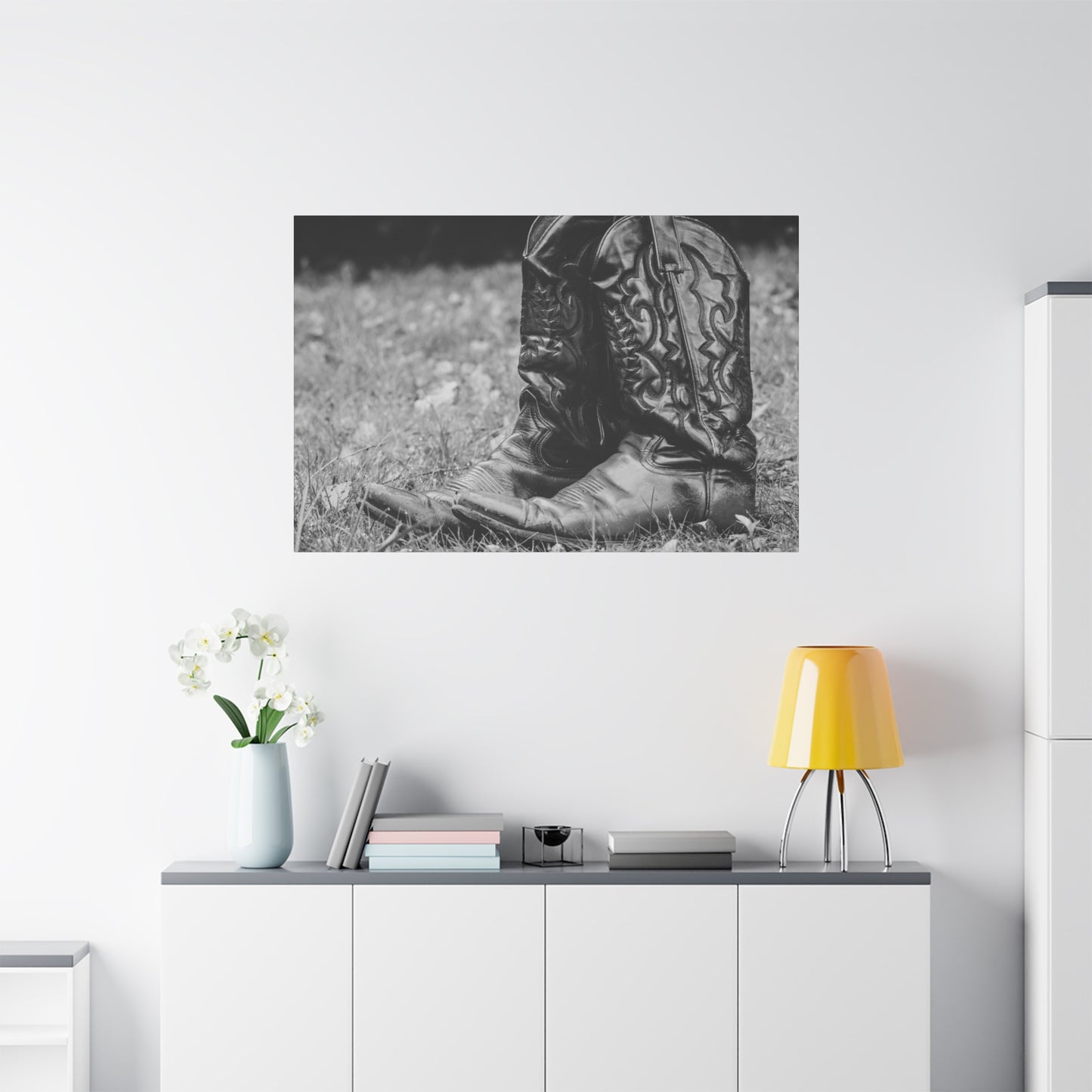 Western Cowboy Boots Matte Canvas Wall Art – Black & White Rustic Country Decor