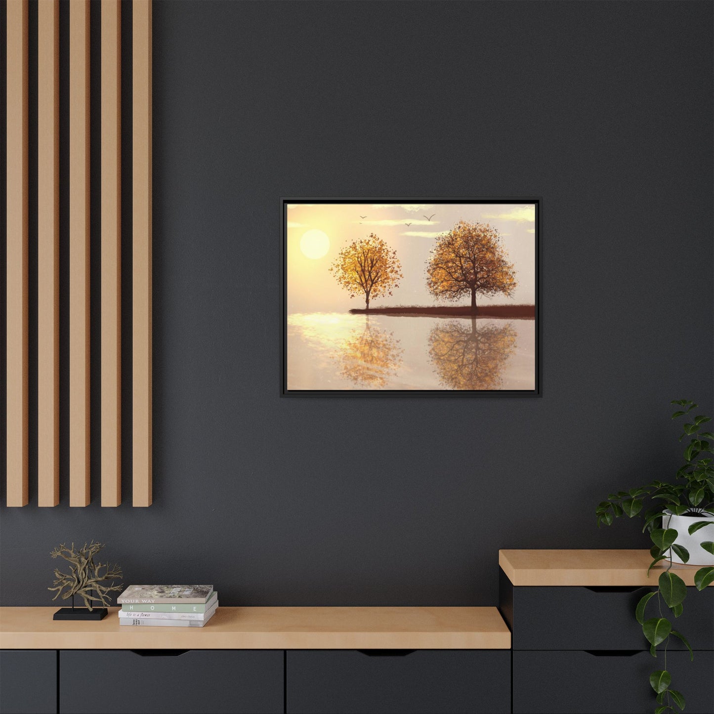 Framed Matte Canvas Wall Art — Golden Autumn Trees Reflection