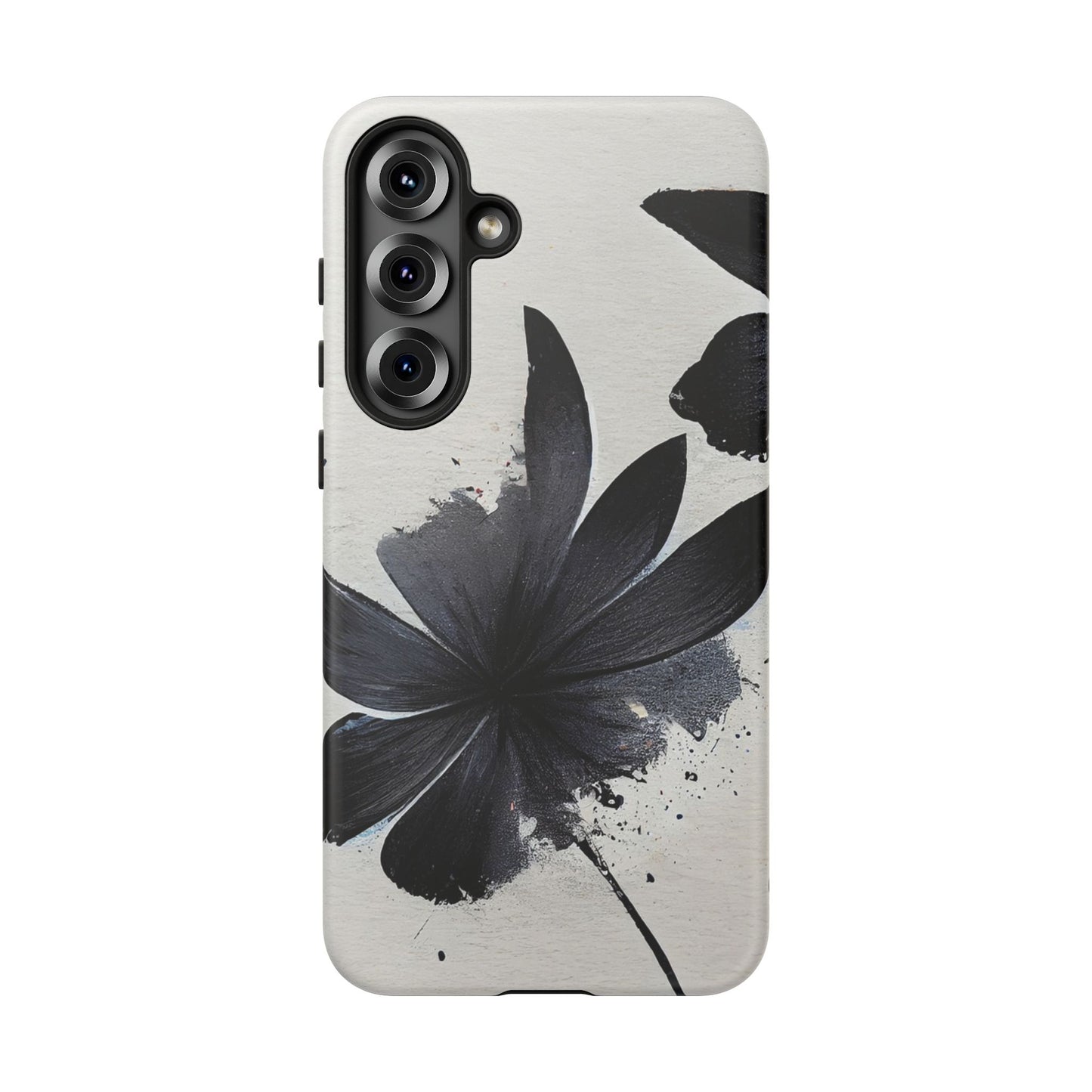 Monochrome Floral Tough Phone Case — Black Ink Flower Protective Cover