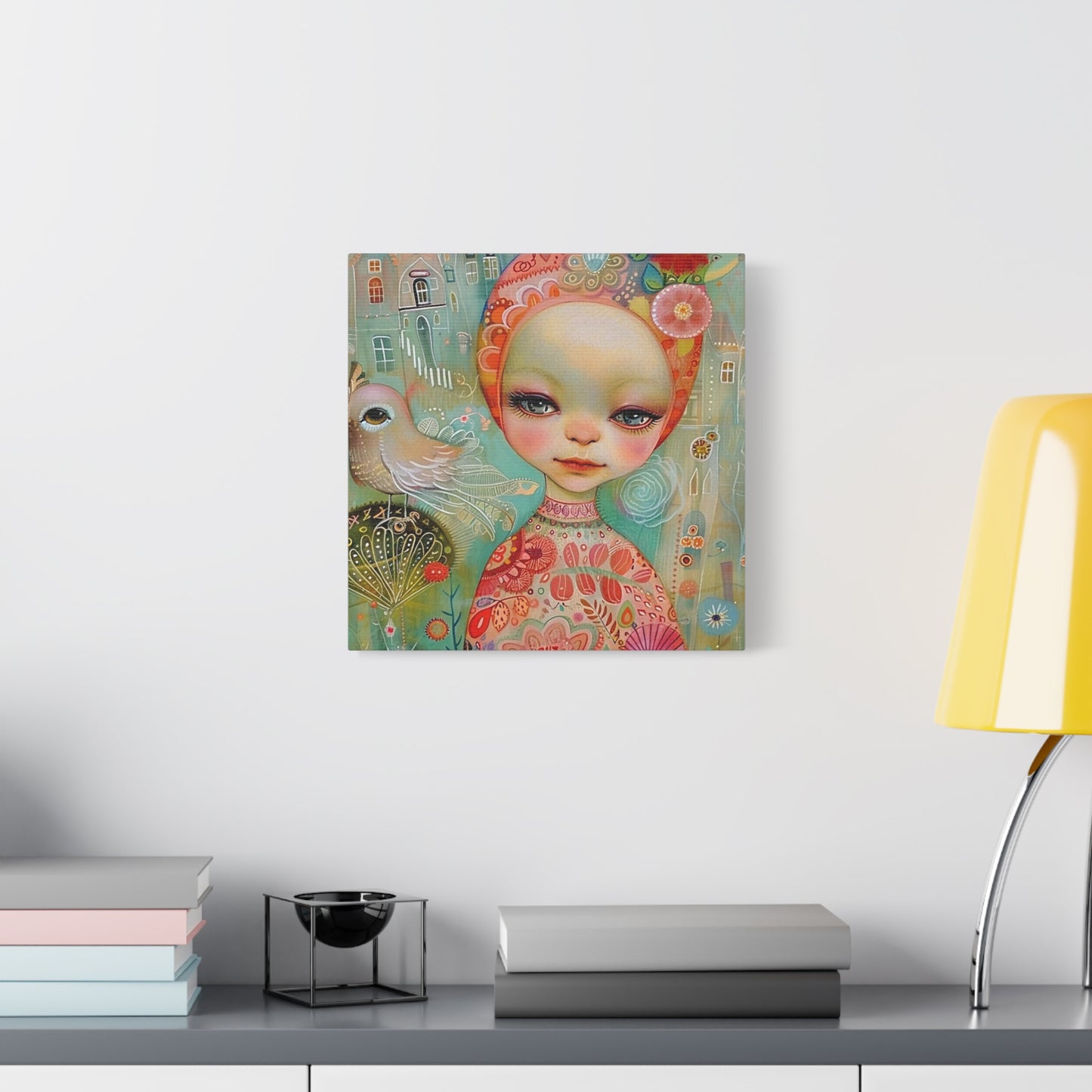 Whimsical Girl & Bird Matte Canvas Wall Art — Stretched Decorative Painting