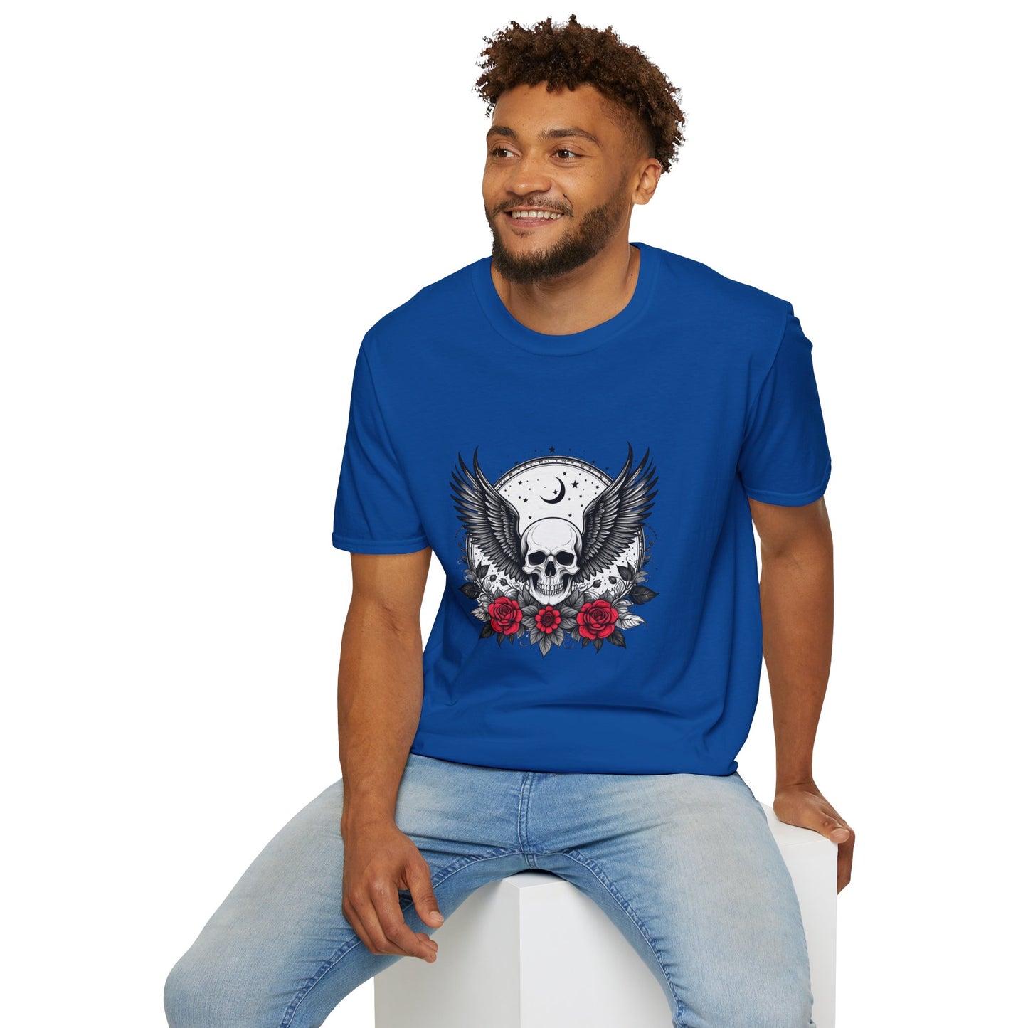 Skull Wings T‑Shirt – Crescent Moon & Red Roses Gothic Graphic Tee