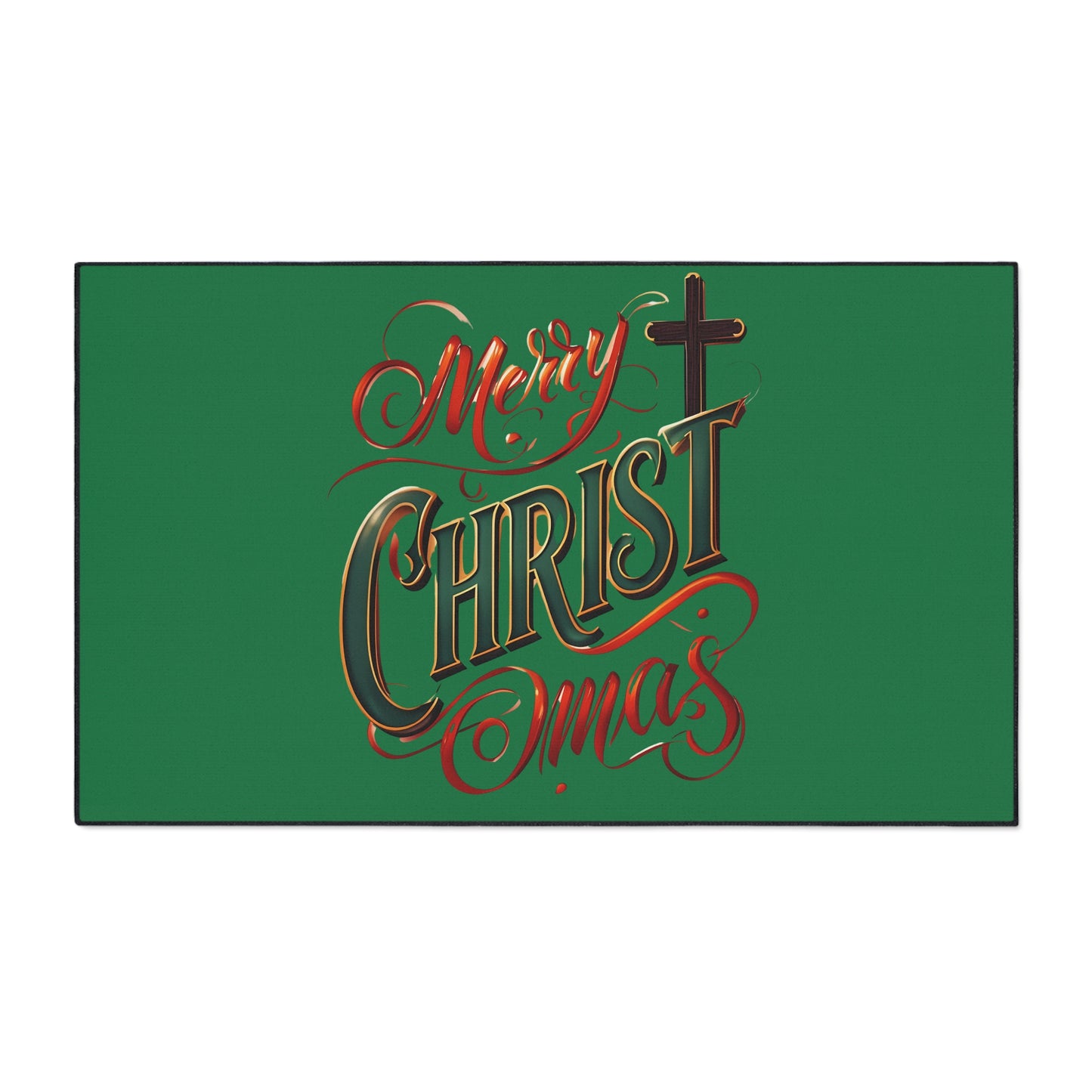 Christmas Floor Mat - "Merry Christmas" Script with Cross, Heavy-Duty Holiday Doormat