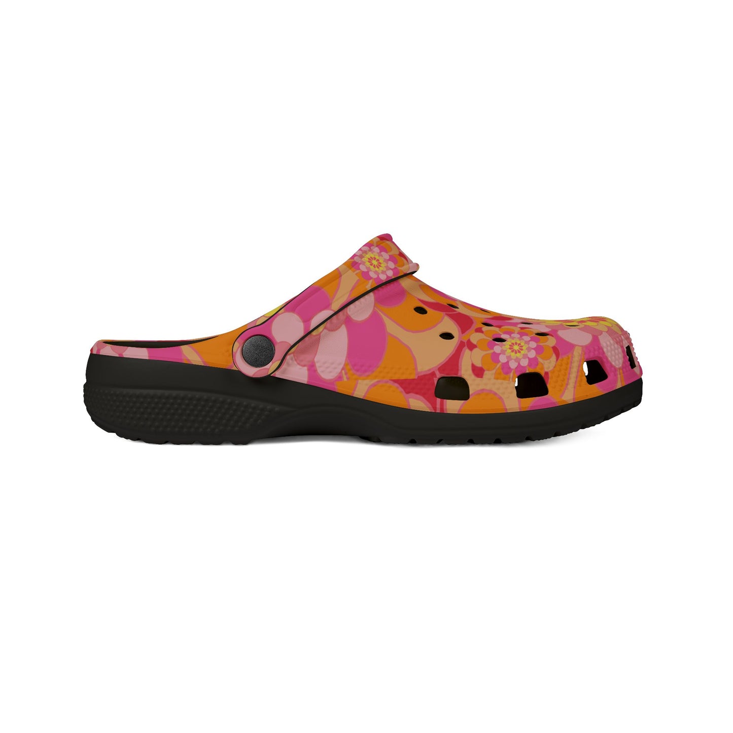 Floral Retro Foam Clogs — Pink Orange Psychedelic Garden Slip-Ons