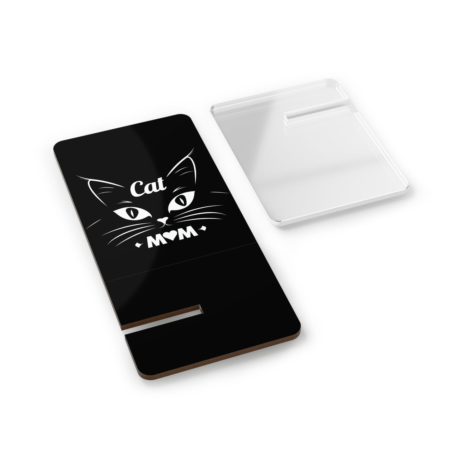 Phone Stand — "Cat Mom" Black Acrylic Mobile Display Stand