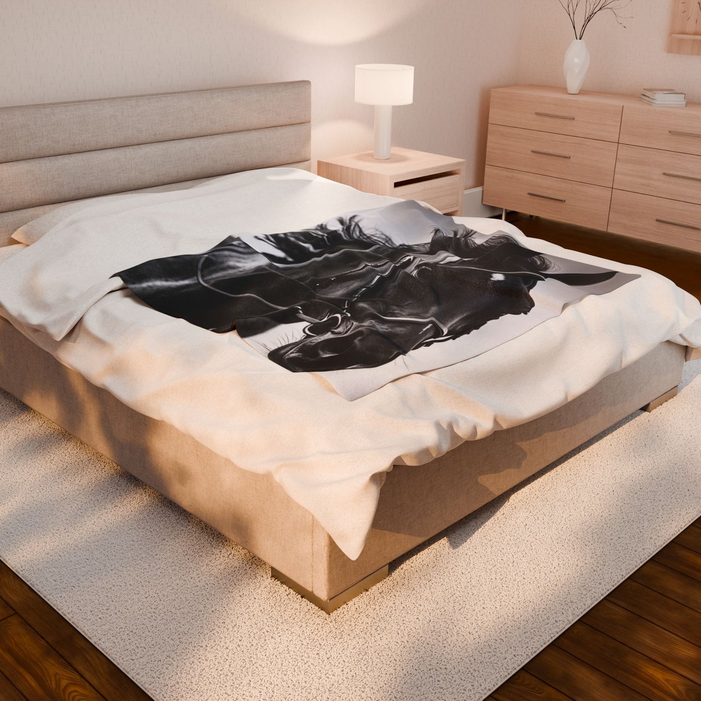 Black Stallion Velveteen Plush Blanket – Photoreal Horse Throw for Equestrian Fans