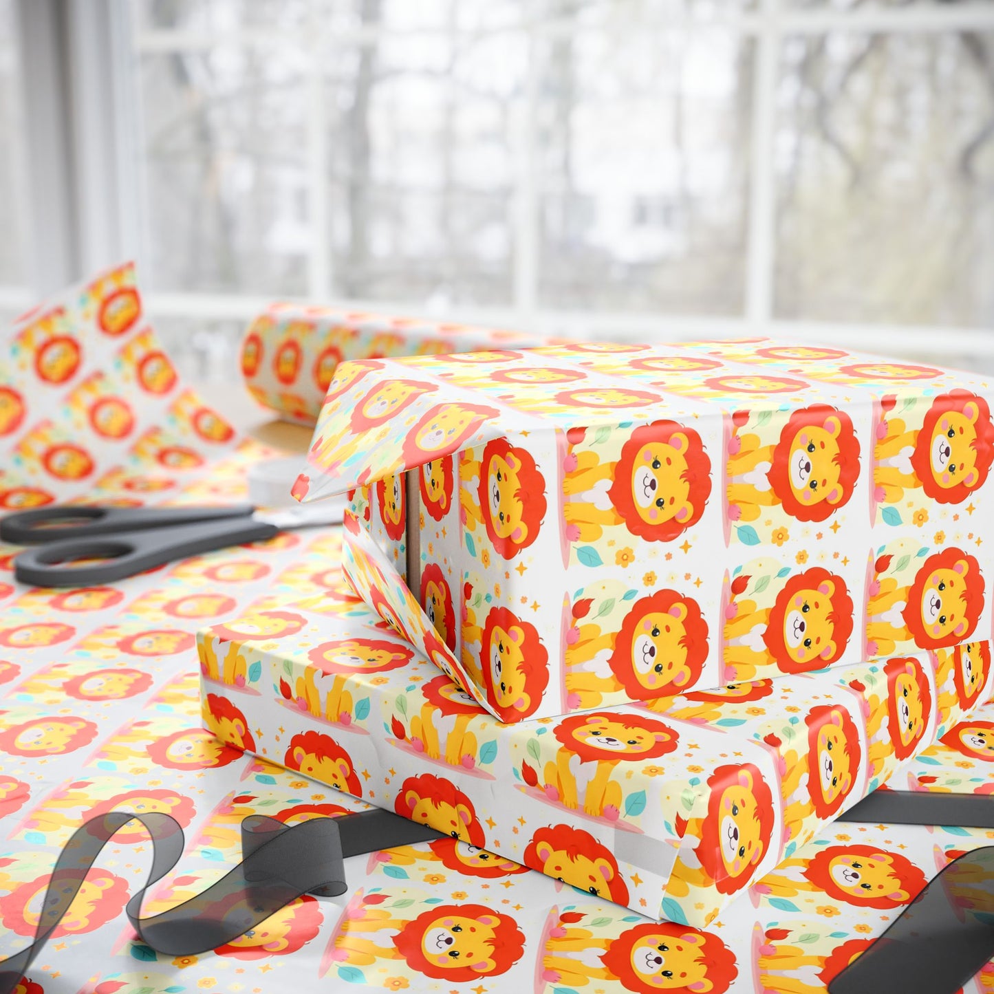 Wrapping Paper — Cute Cartoon Lion Pattern Gift Wrap (Bright Kids Birthday)