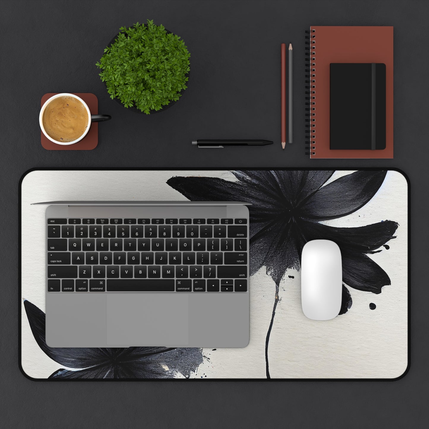 Black Ink Floral Desk Mat — Minimalist Monochrome Mousepad for Office & Home