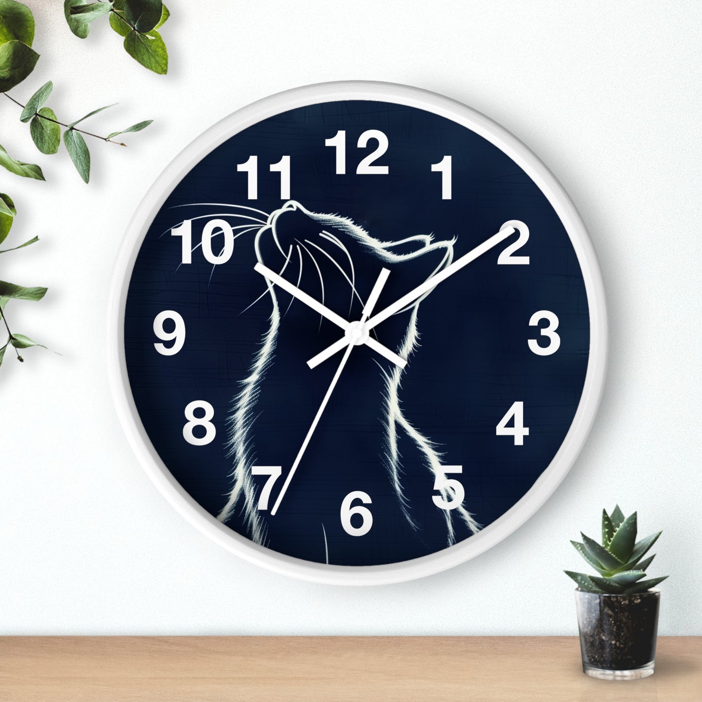 Moonlit Cat Wall Clock | Night Sky Silhouette, Minimal Numerals