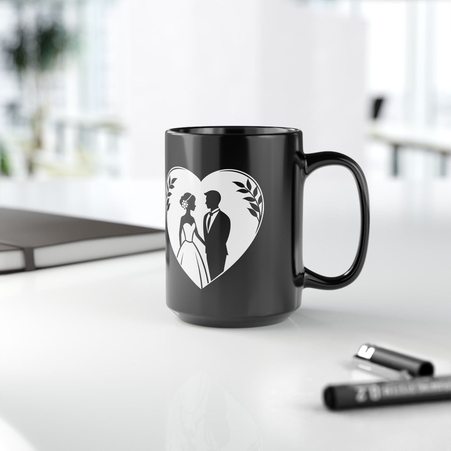 Wedding Couple Heart Black Mug — 15oz Brides & Grooms Coffee Cup