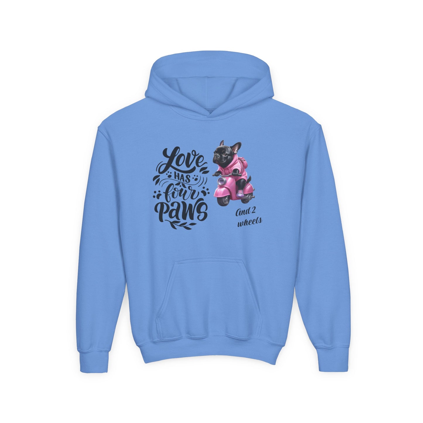 Youth Hoodie — "Love Has Four Paws" Pink Scooter French Bulldog Graphic