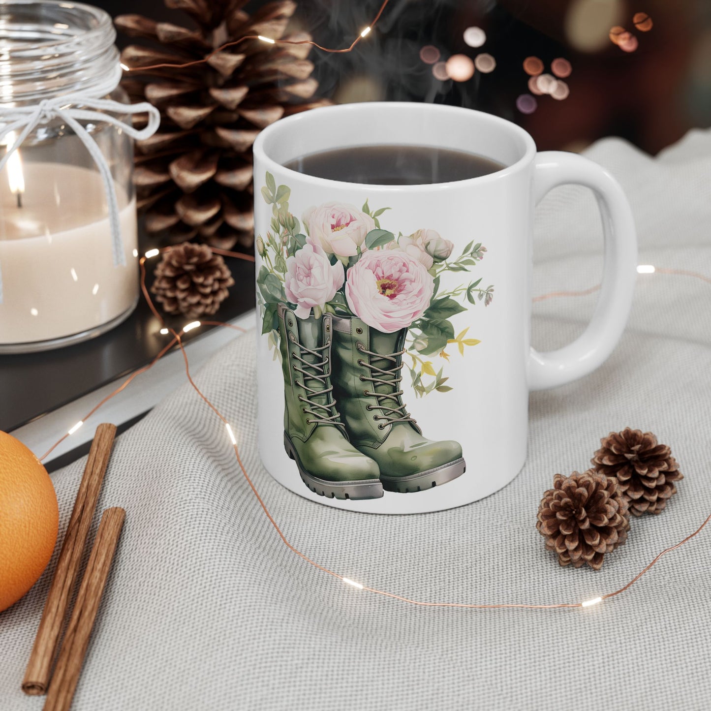 Floral Combat Boot Mug — Military Green Boot with Pink Roses Ceramic Coffee Cup (11oz & 15oz)
