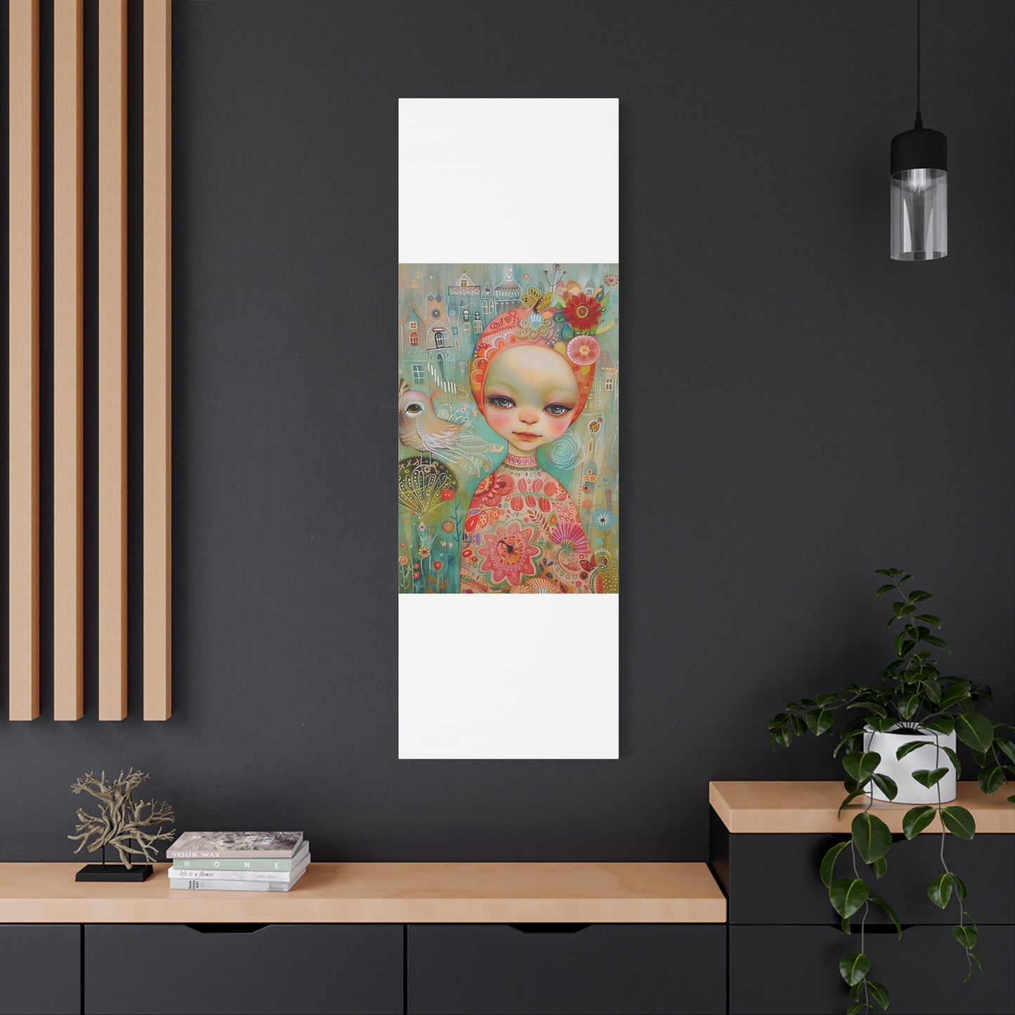 Whimsical Girl & Bird Matte Canvas Wall Art — Stretched Decorative Painting
