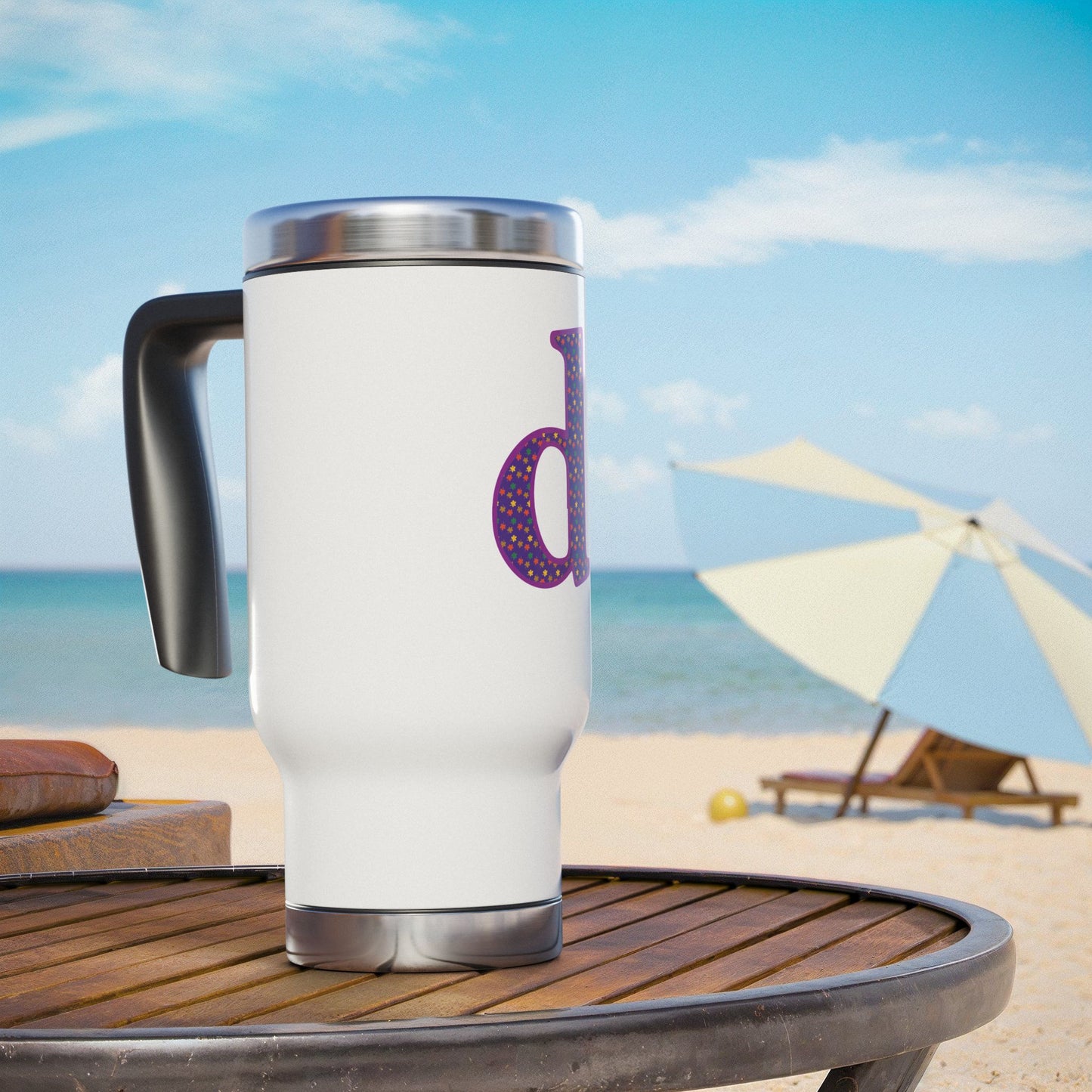 Monogram 'd' Purple Polka Dot Travel Mug – 14oz Stainless Steel with Handle