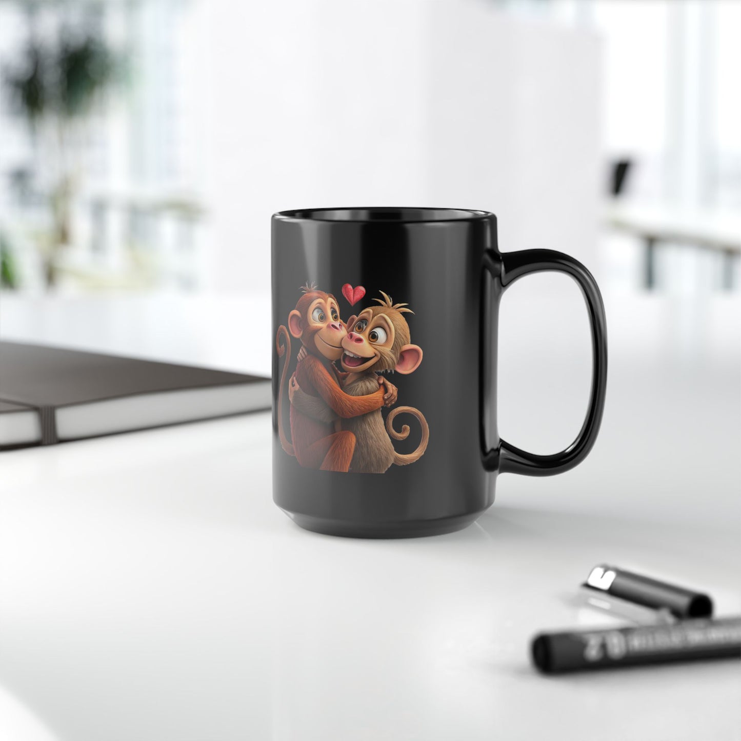 Cute Monkey Couple Black 15oz Coffee Mug — Romantic Valentine’s Gift