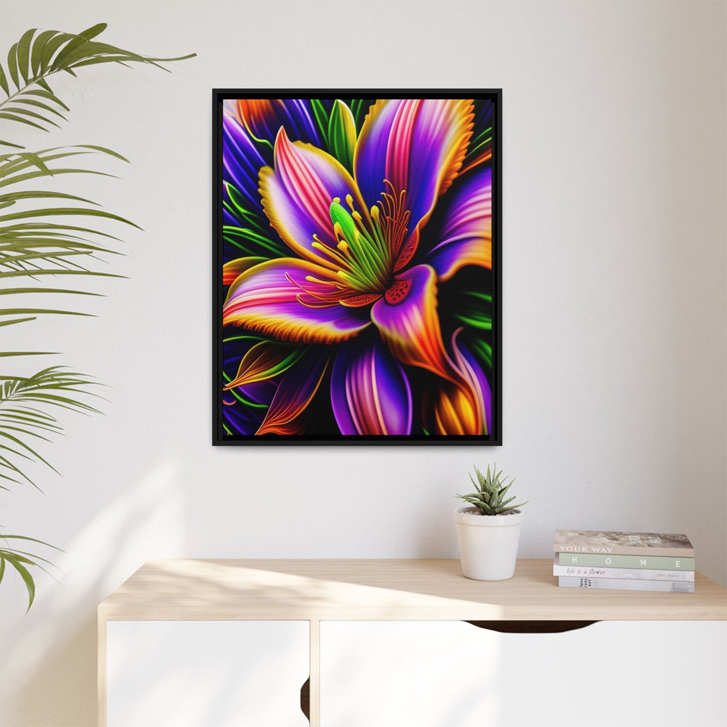 Vibrant Neon Floral Matte Canvas Print — Framed Wall Art