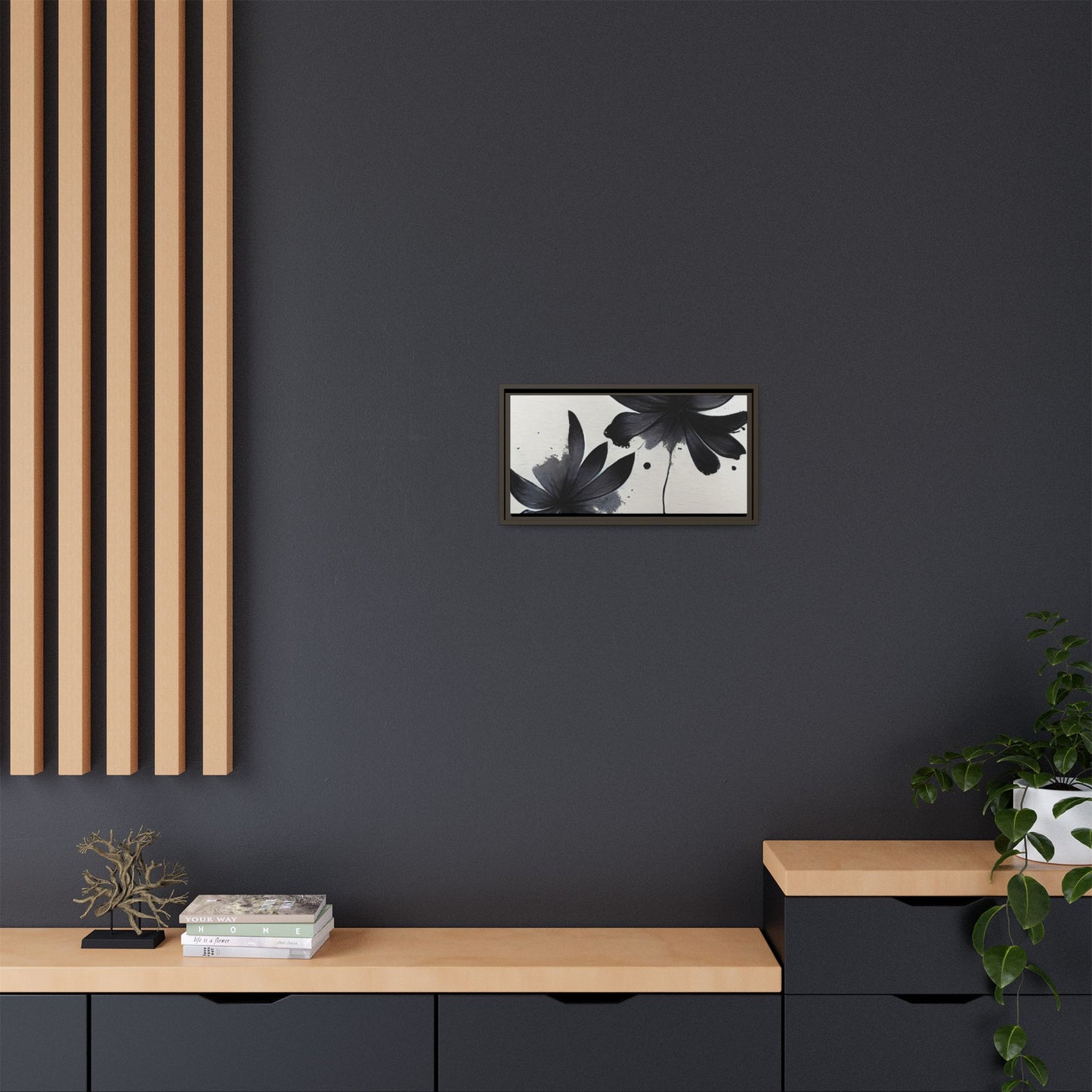 Framed Black Floral Matte Canvas Wall Art — Monochrome Botanical Print
