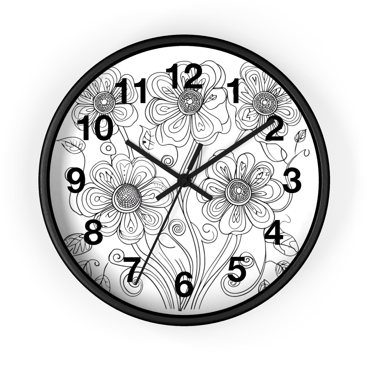 Floral Doodle Wall Clock — Black & White Hand-Drawn Flower Timepiece