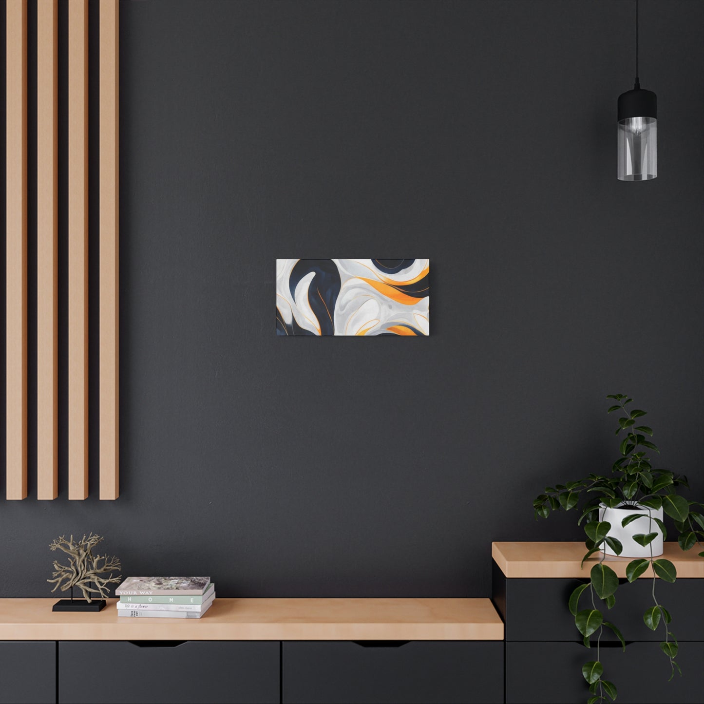 Abstract Fluid Art Matte Canvas Print — Navy, Gold & White Stretched Wall Art