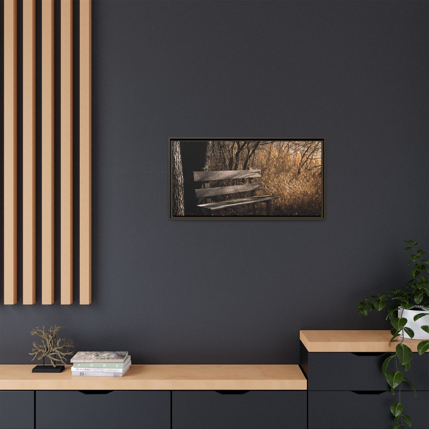 Framed Matte Canvas Print — Autumn Park Bench Photography
