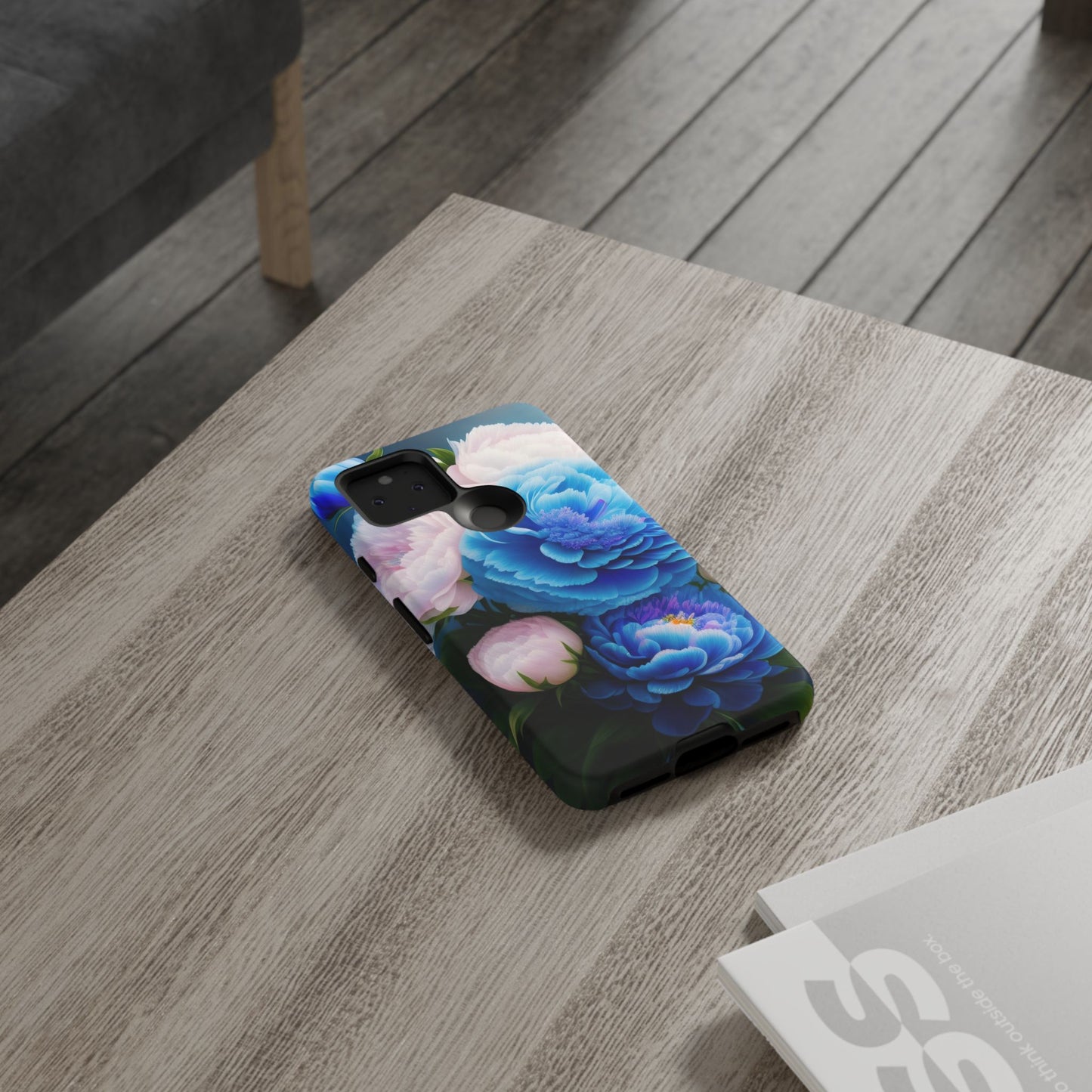 Floral Blue Peony Phone Case — Protective Tough Case with Pink & Blue Blooms