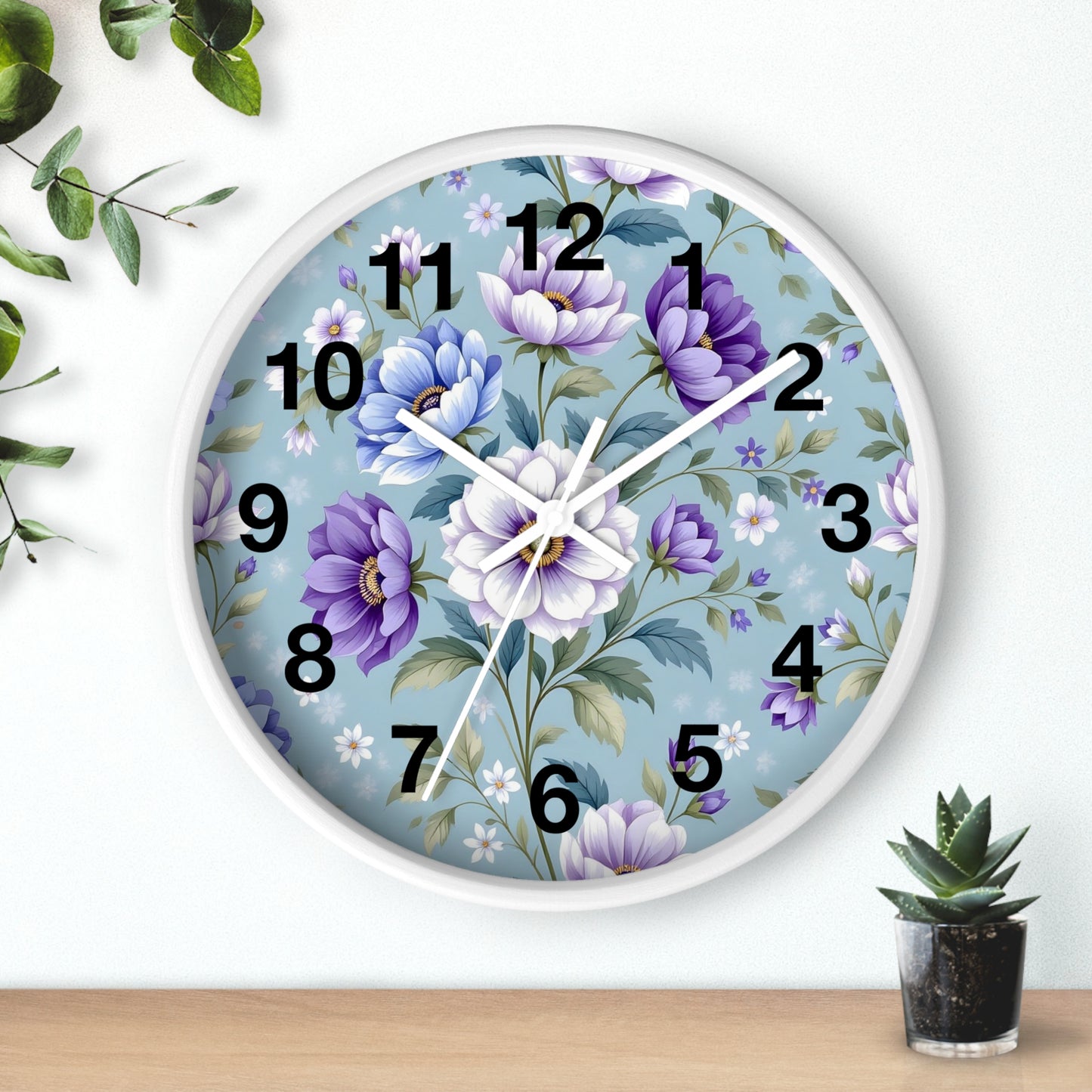 Floral Wall Clock — Vintage Purple & Blue Peony Garden Clock