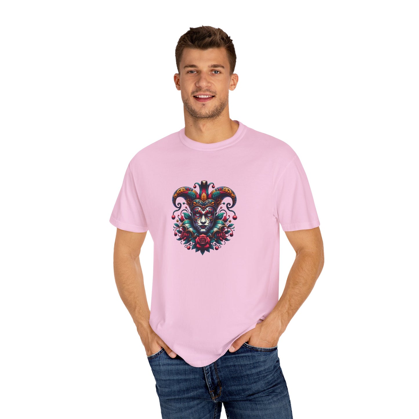 Vibrant Graphic Unisex T-Shirt with Floral Mask Design, Casual Wear, Festival Outfit, Gift for Friends, Unique Fashion Statement