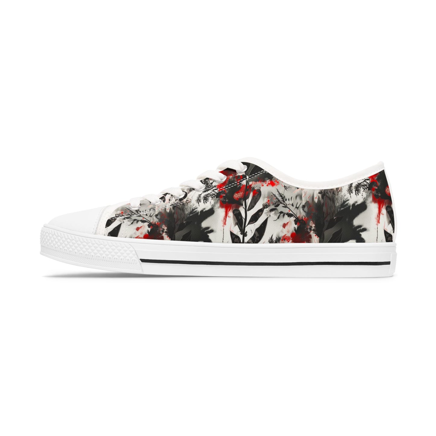 Floral Ink-Blend Low Top Sneakers — Artistic Black & Red Canvas Shoes