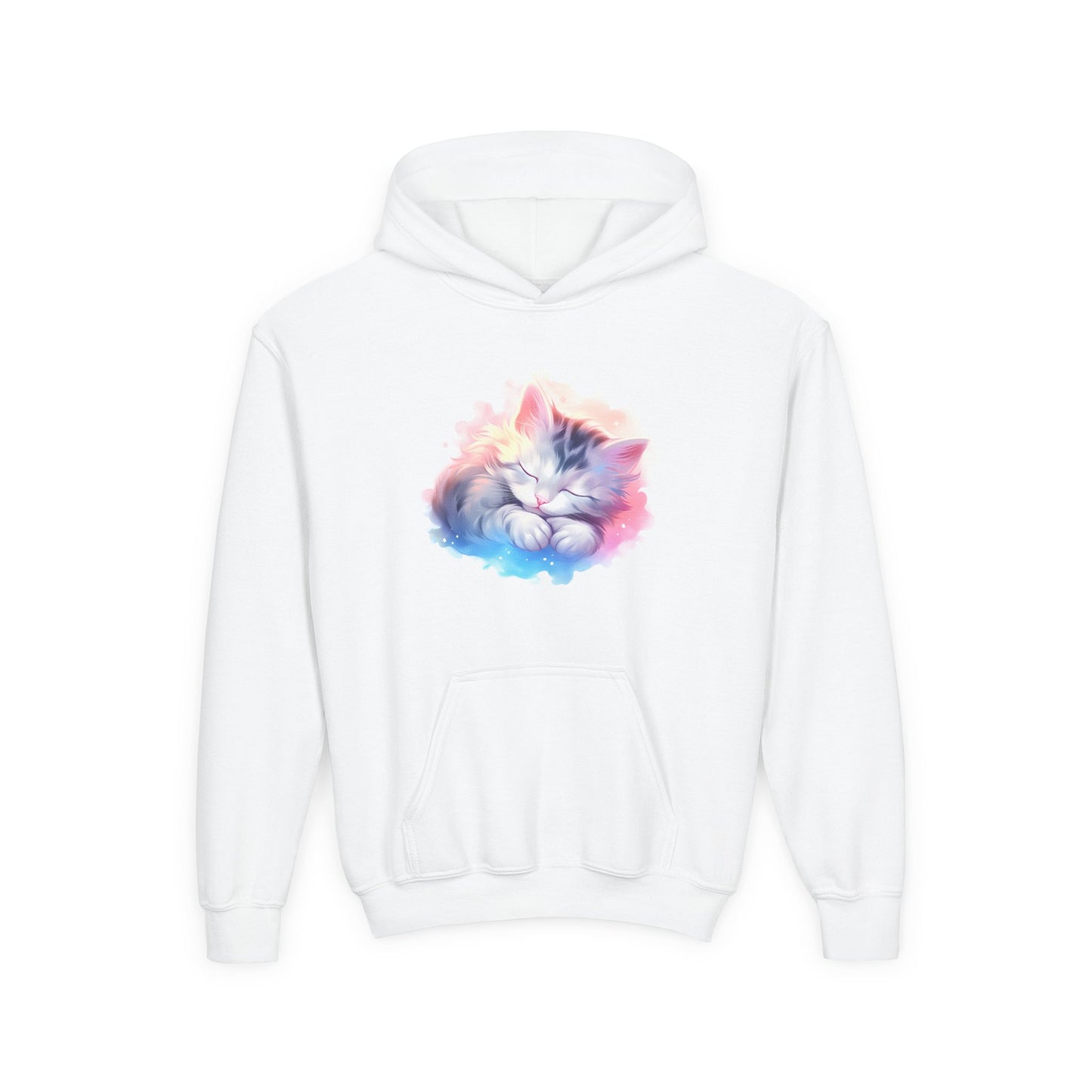 Kids' Cozy Rainbow Kitten Hoodie — Cute Sleeping Cat Youth Sweatshirt