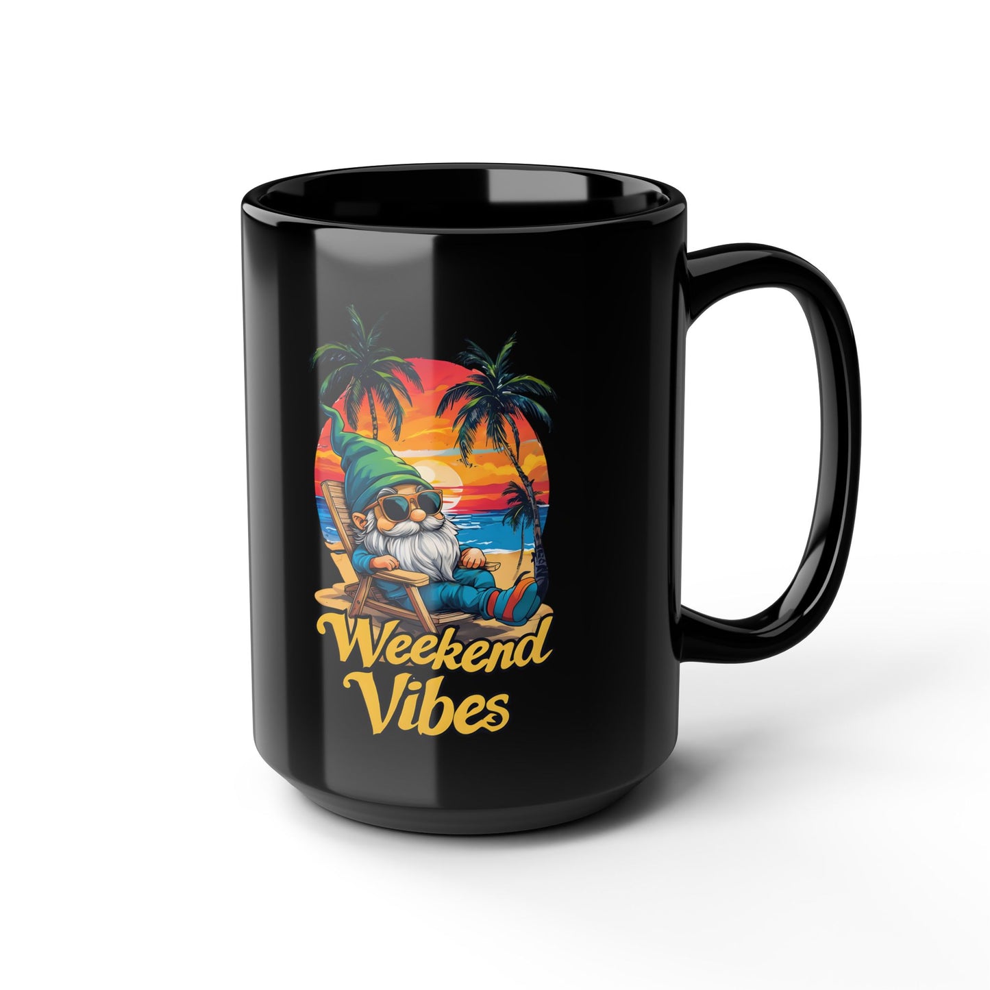 Weekend Vibes Mug — Tropical Sunset Gnome 15oz Black Coffee Cup