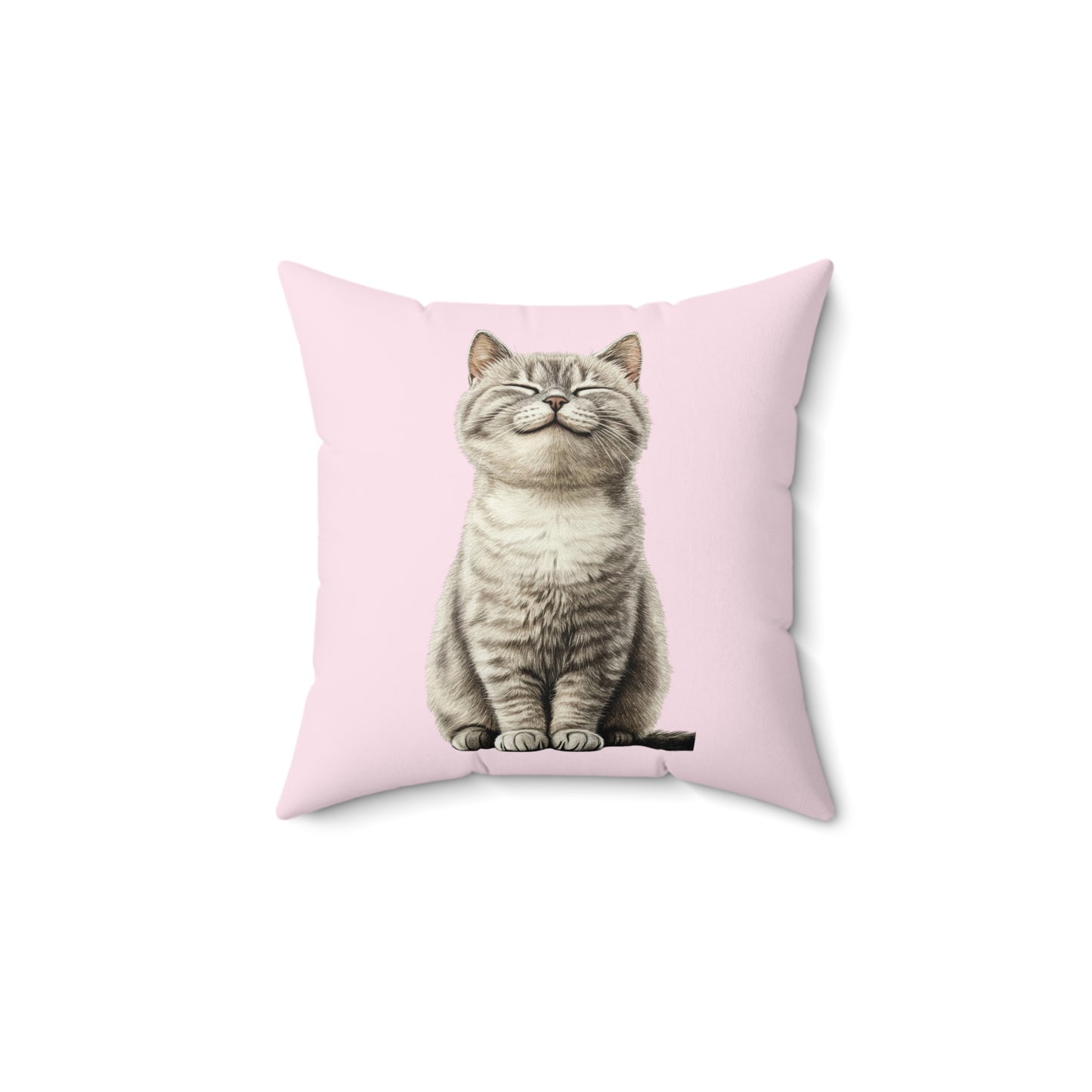 Smiling Cat Throw Pillow — Cute Grey Kitten on Pink Decorative Pillow