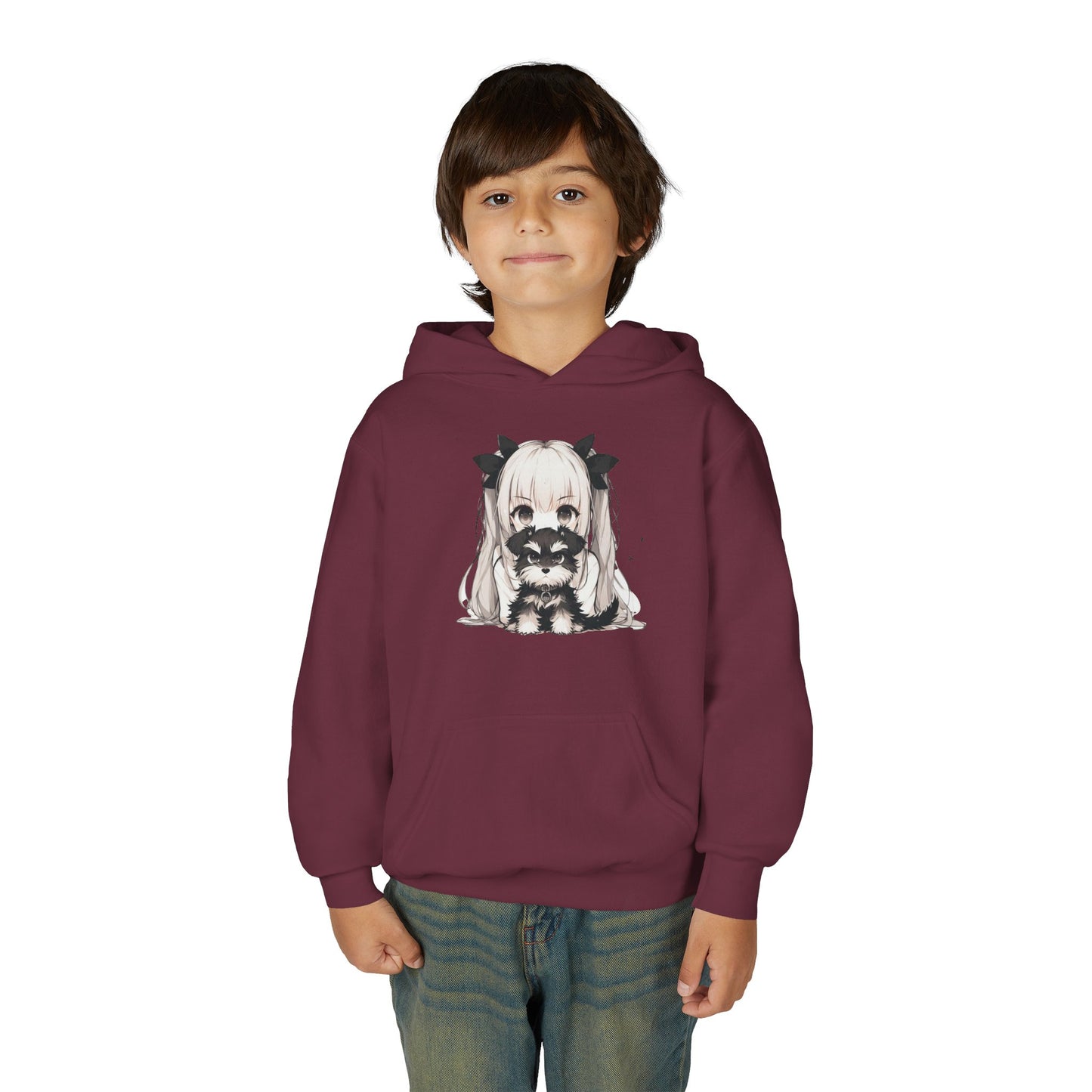 Cute Anime Girl & Puppy Youth Hoodie — Kawaii Kids Pullover for Anime Fans