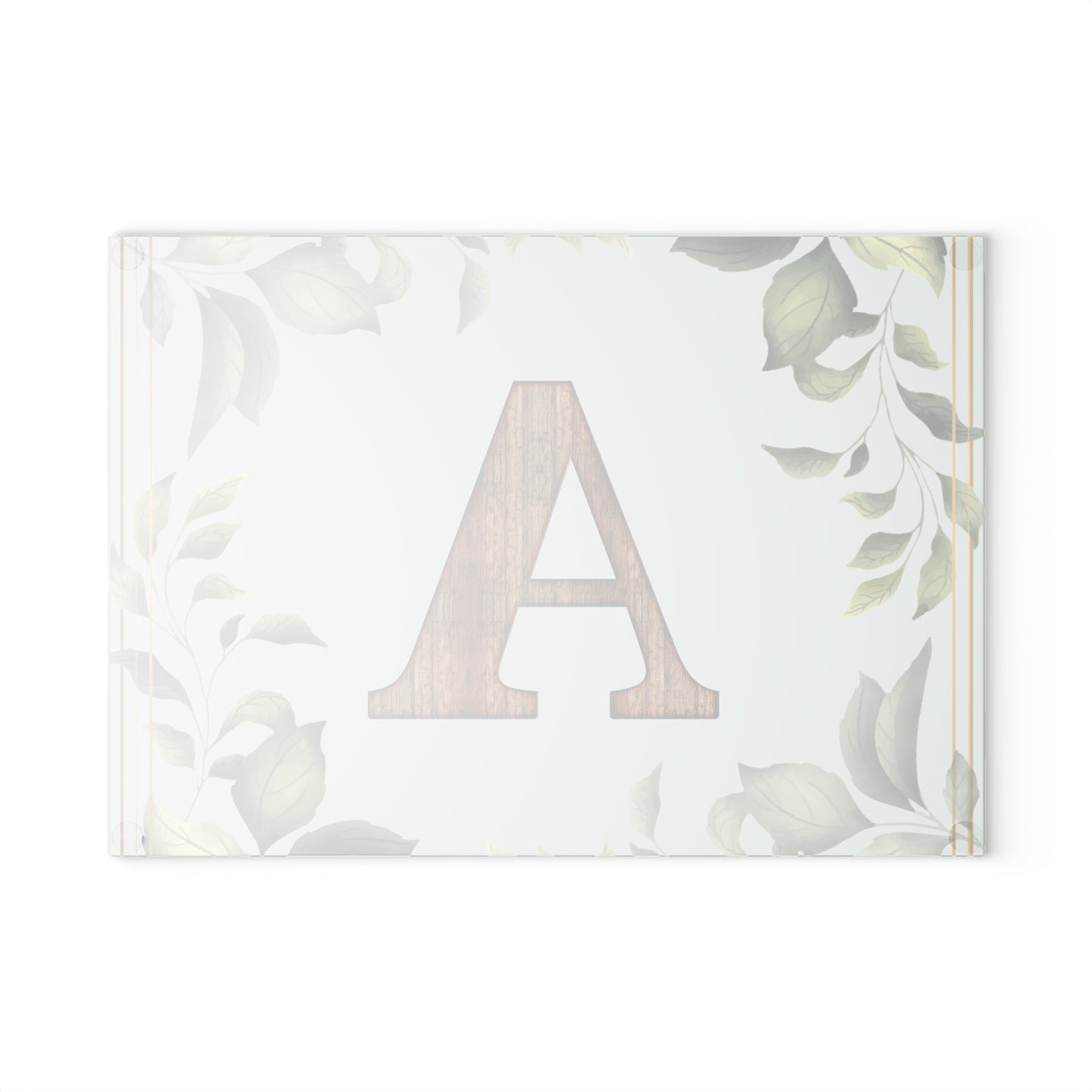 Monogram Glass Cutting Board – Rustic Wood Letter A with Botanical Leaves (Personalized Kitchen Gift)