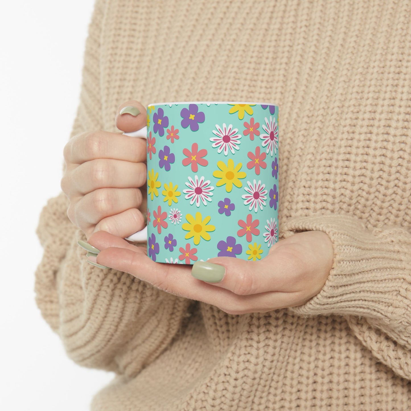 Turquoise Floral Pattern Mug — Colorful Daisy Coffee Cup (11oz & 15oz)