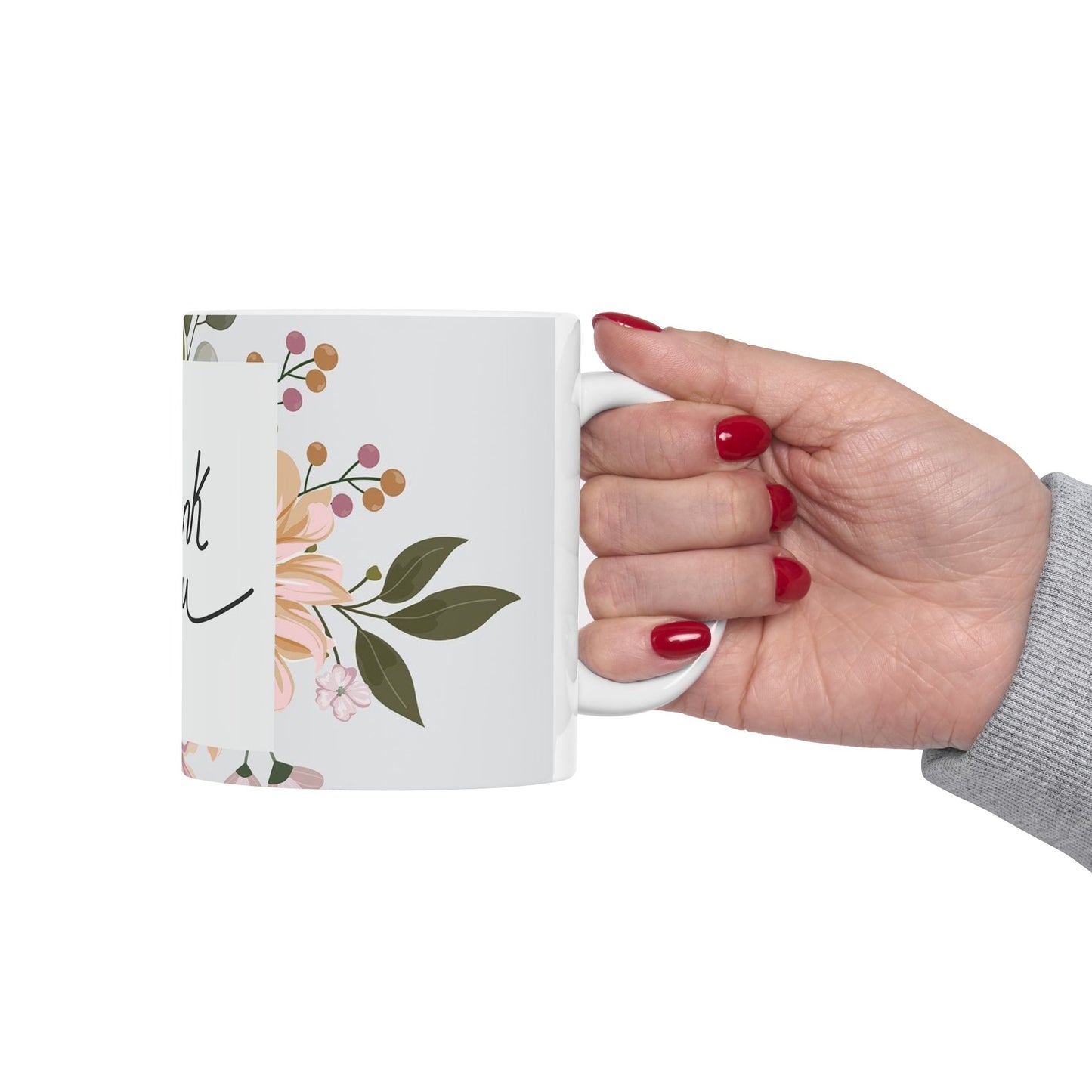 Thank You Floral Mug — Handwritten Script Ceramic Coffee Cup (11oz & 15oz)