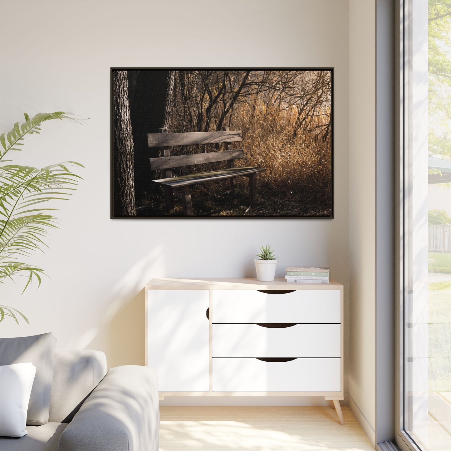 Framed Matte Canvas Print — Autumn Park Bench Photography