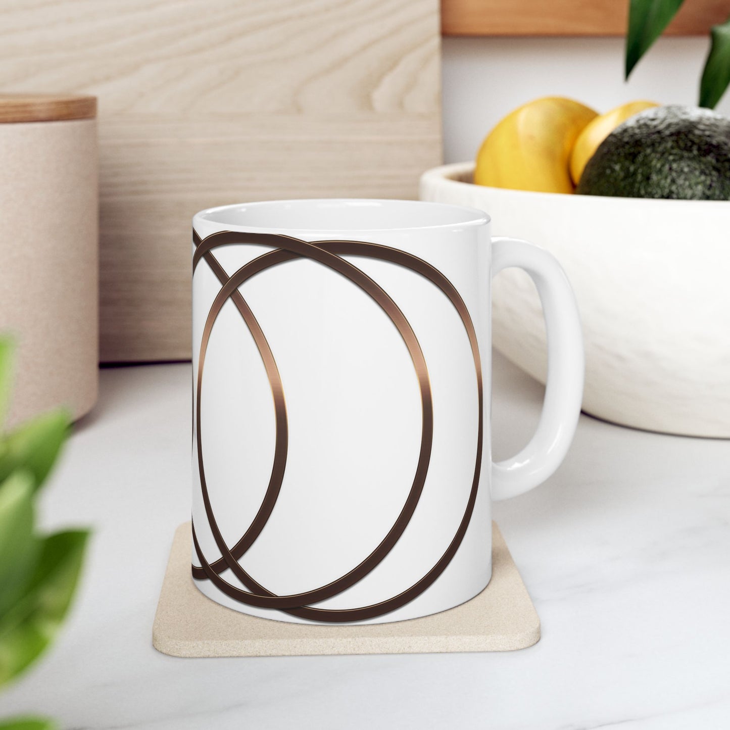Modern Geometric Ceramic Mug — Bronze Interlocking Circle Pattern (11oz & 15oz)